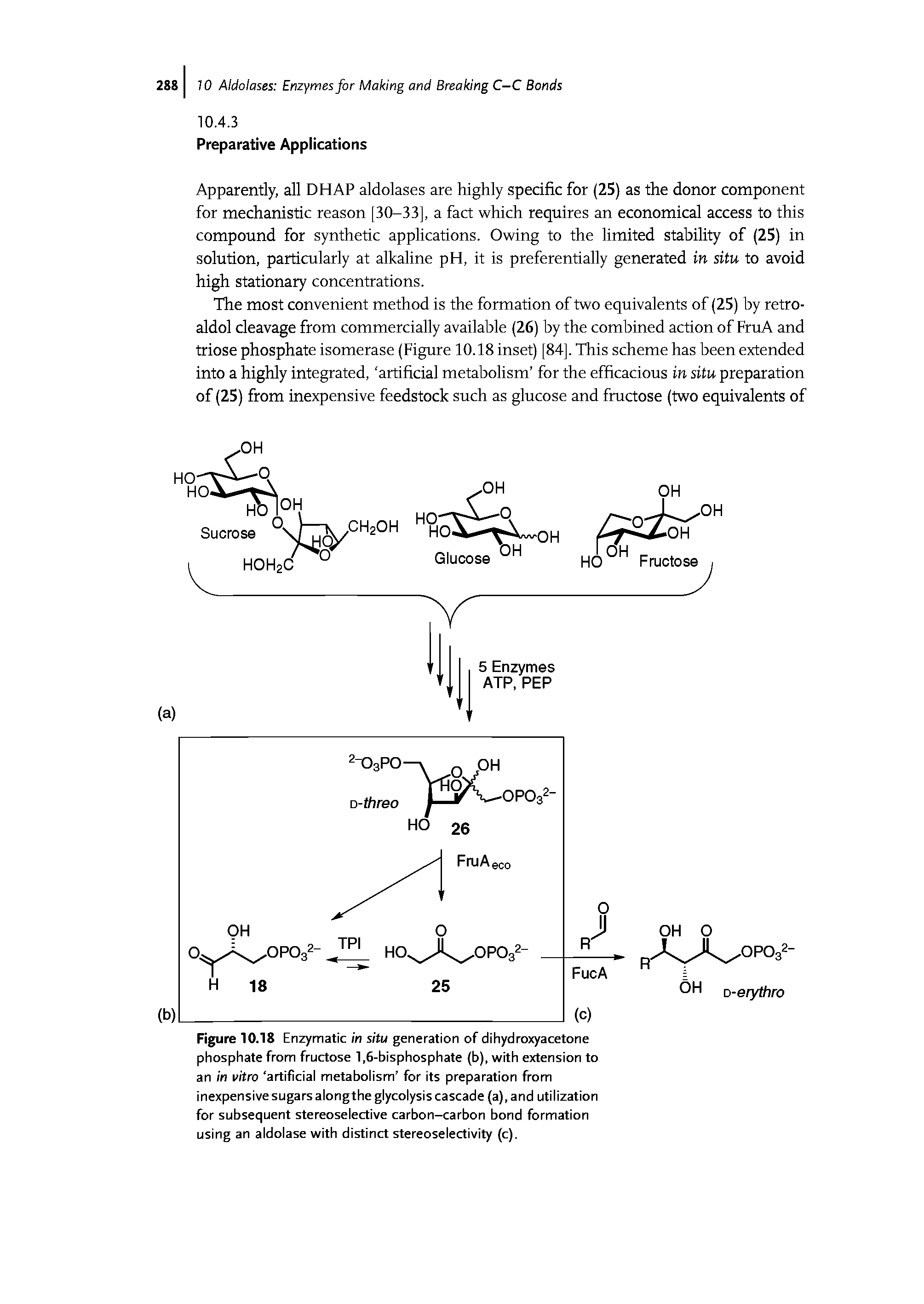 Figure 10.18 Enzymatic in situ generation of dihydroxyacetone phosphate from fructose 1,6-bisphosphate (b), with extension to an in vitro artificial metabolism for its preparation from inexpensive sugars alongthe glycolysis cascade (a), and utilization for subsequent stereoselective carbon-carbon bond formation using an aldolase with distinct stereoselectivity (c).