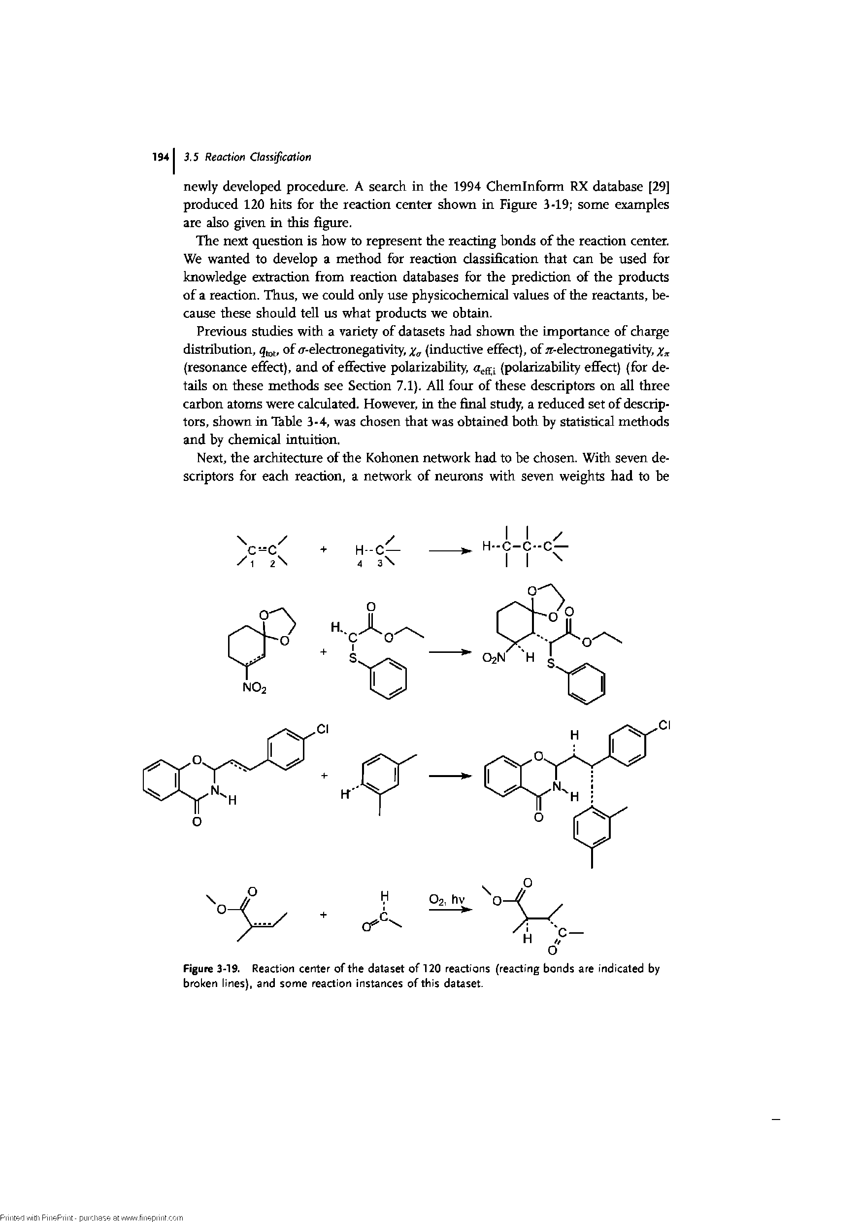 Figure 3-19. Reaction center of the dataset of 120 reactions (reacting bonds are indicated by broken lines), and some reaction instances of this dataset.