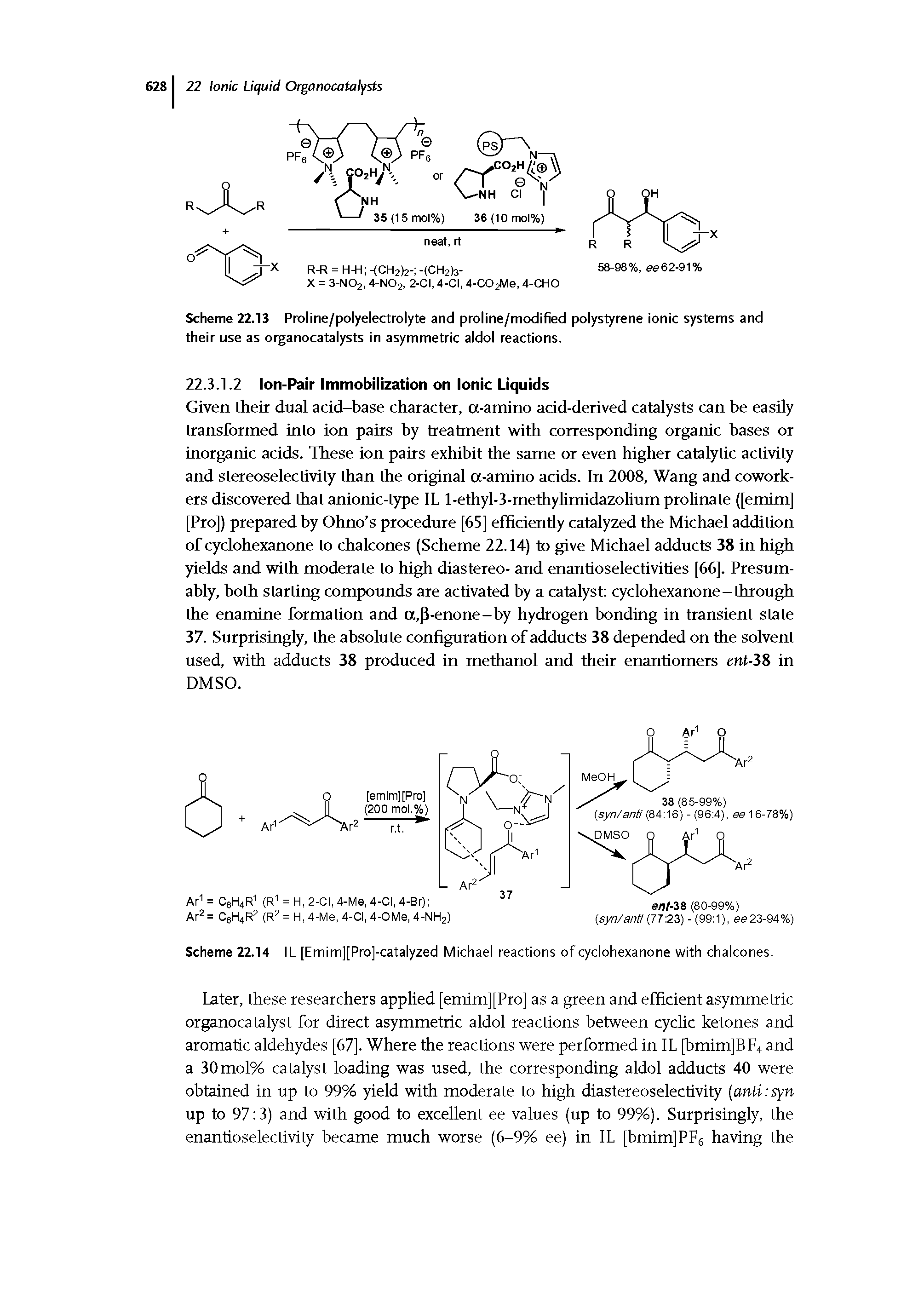Scheme 22.13 Proline/polyelectrolyte and proline/modified polystyrene ionic systems and their use as organocatalysts in asymmetric aldol reactions.