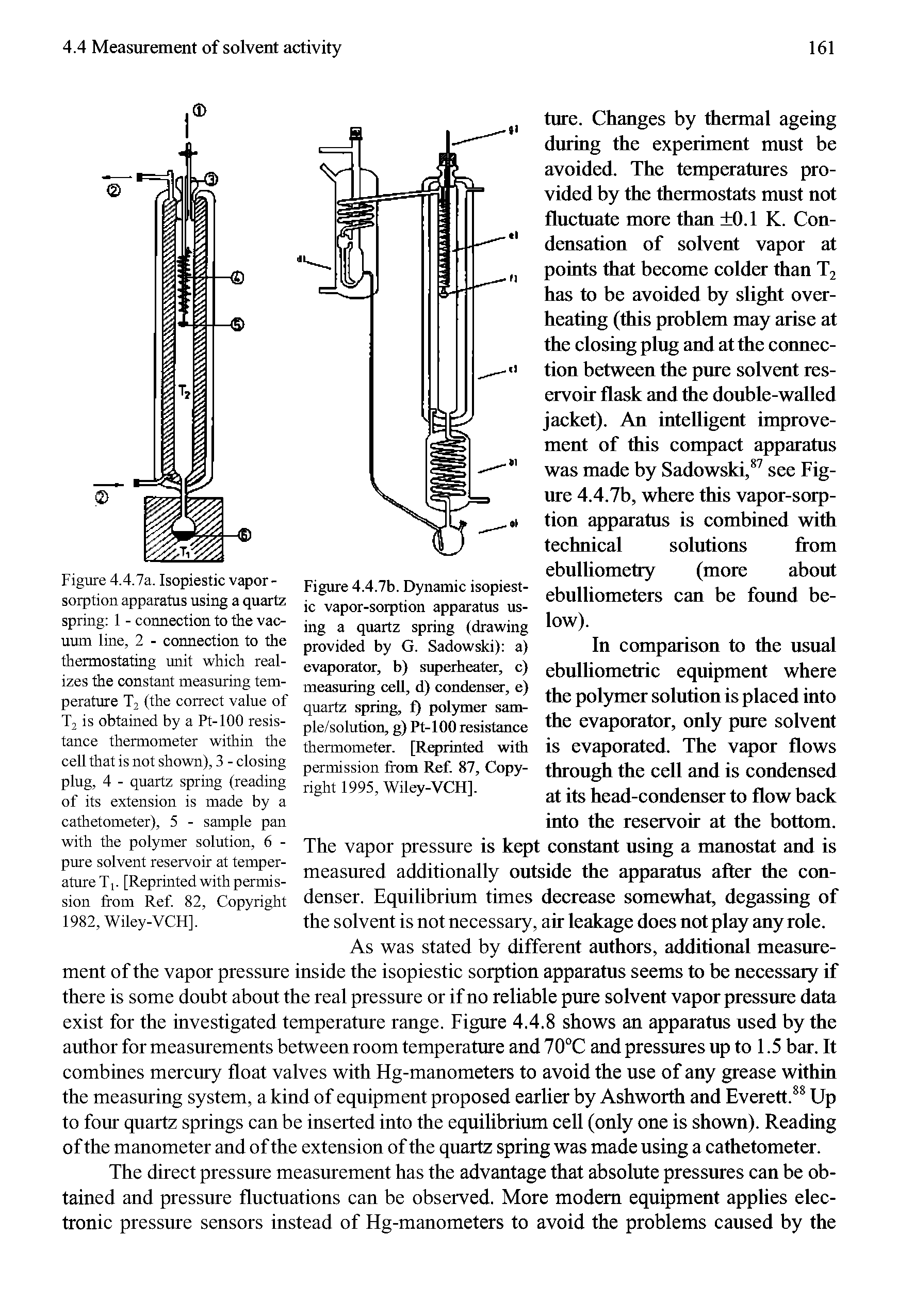 Figure 4.4.7b. Dynamic isopiesl-ic vapor-sorption apparatus using a quartz spring (drawing provided by G. Sadowski) a) evaporator, b) superheater, c) measuring cell, d) condenser, e) quartz spring, f) polymer sam-ple/solution, g) Pt-100 resistance thermometer. [Reprinted with permission from Ref. 87, Copyright 1995, Wiley-VCH].