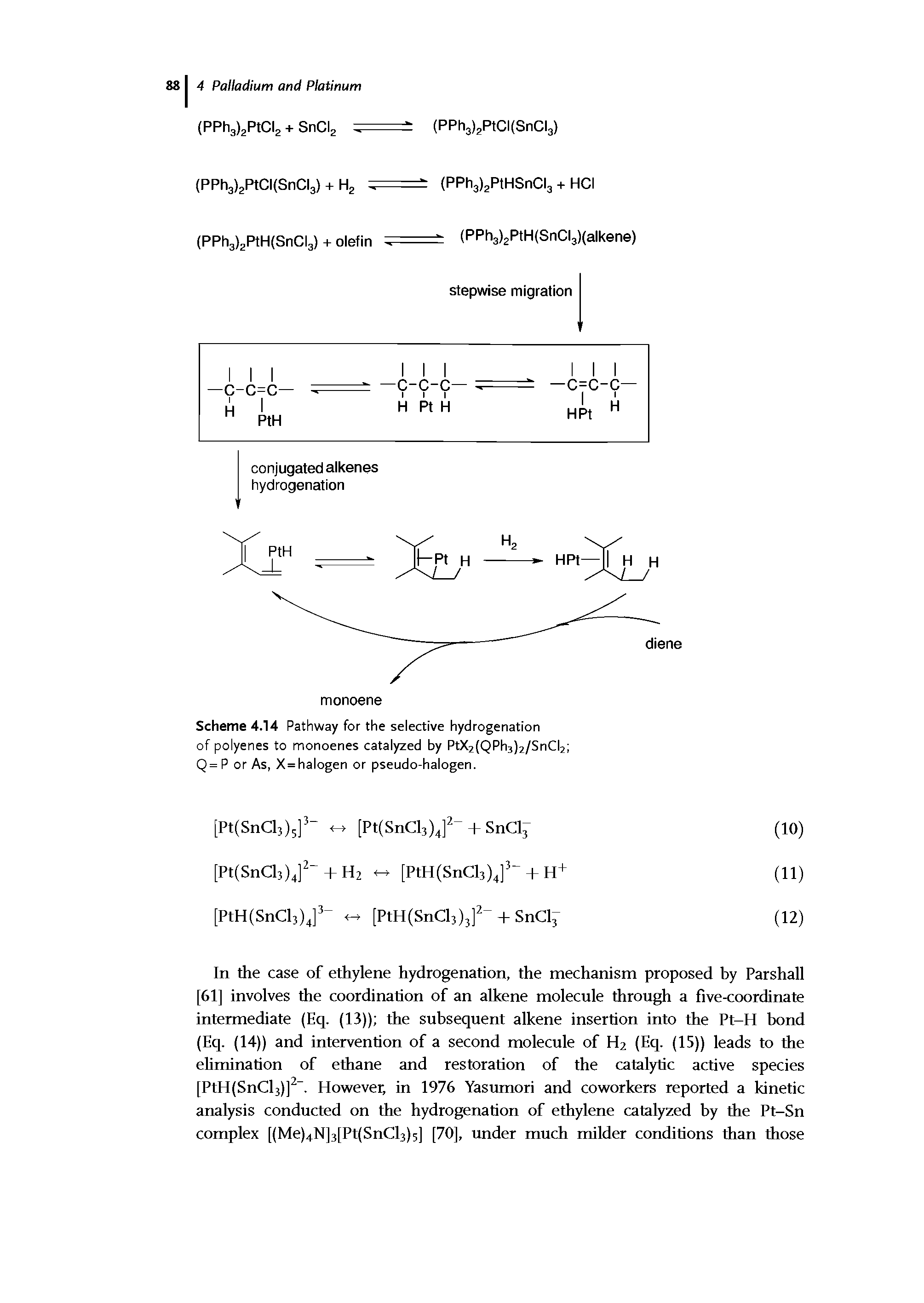 Scheme 4.14 Pathway for the selective hydrogenation of polyenes to monoenes catalyzed by PtX2(QPh3)2/SnCI2 Q= P or As, X=halogen or pseudo-halogen.