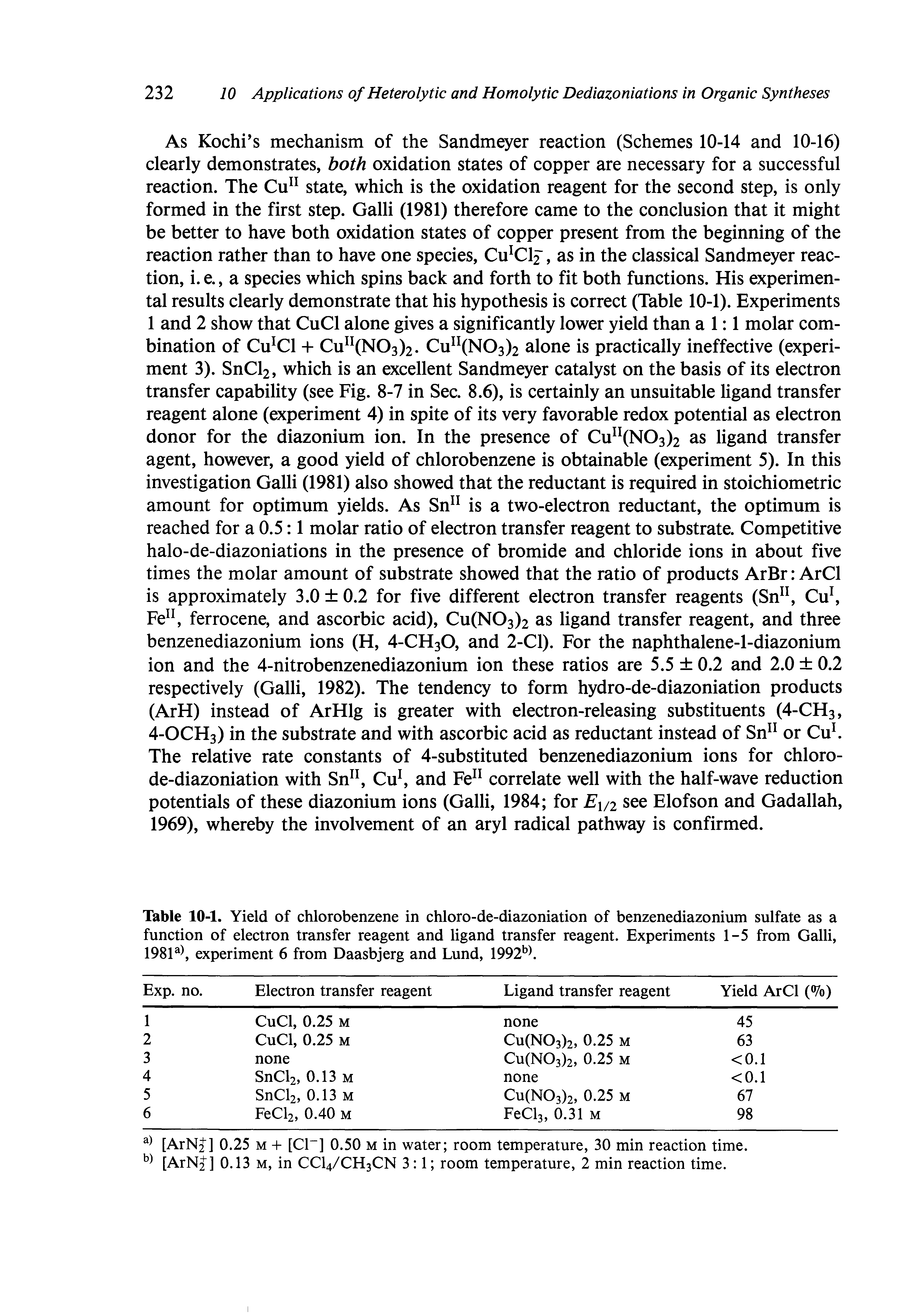 Table 10-1. Yield of chlorobenzene in chloro-de-diazoniation of benzenediazonium sulfate as a function of electron transfer reagent and ligand transfer reagent. Experiments 1-5 from Galli, 1981a), experiment 6 from Daasbjerg and Lund, 1992b).