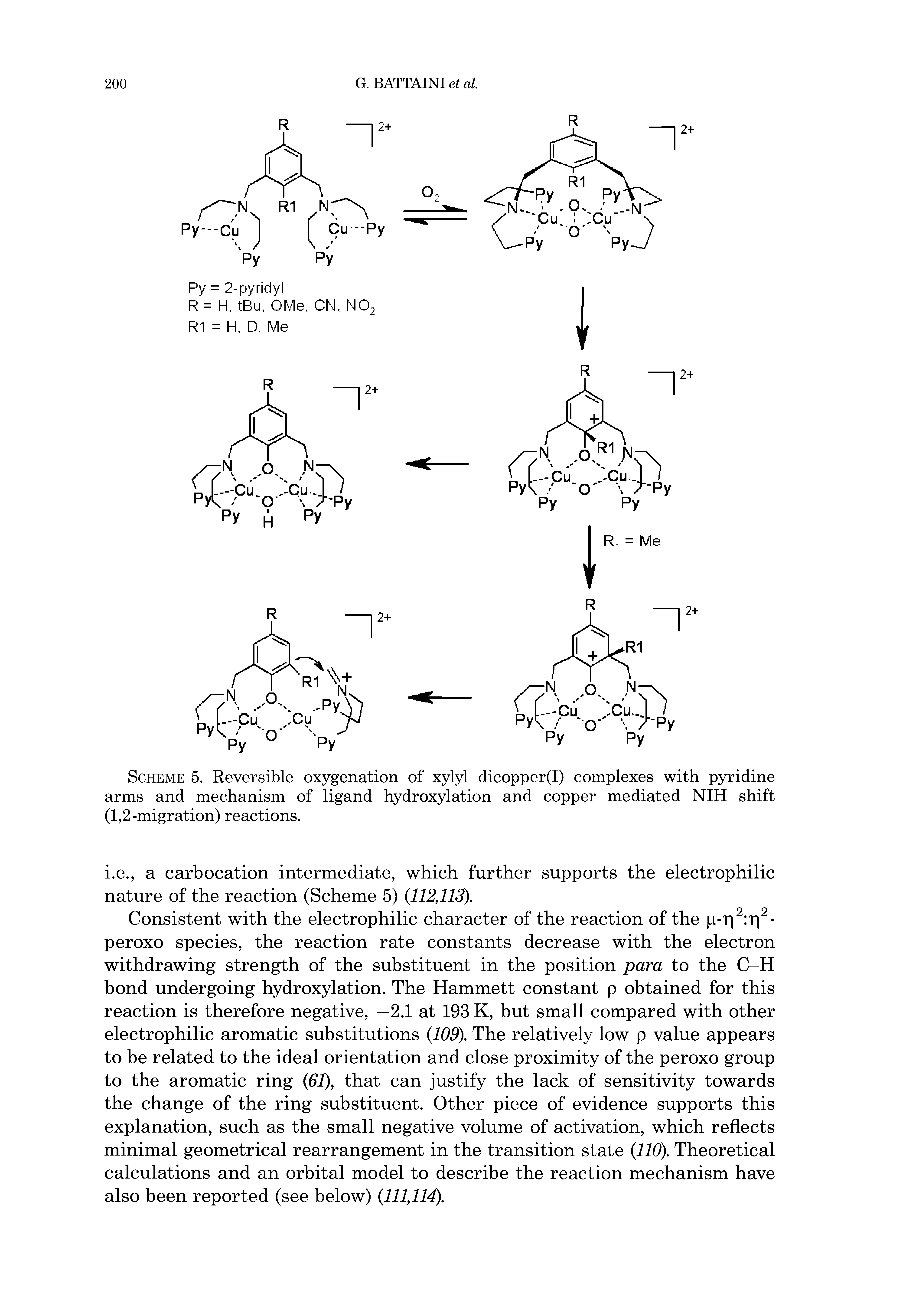 Scheme 5. Reversible oxygenation of xylyl dicopper(I) complexes with pyridine arms and mechanism of ligand hydroxylation and copper mediated NIH shift (1,2-migration) reactions.