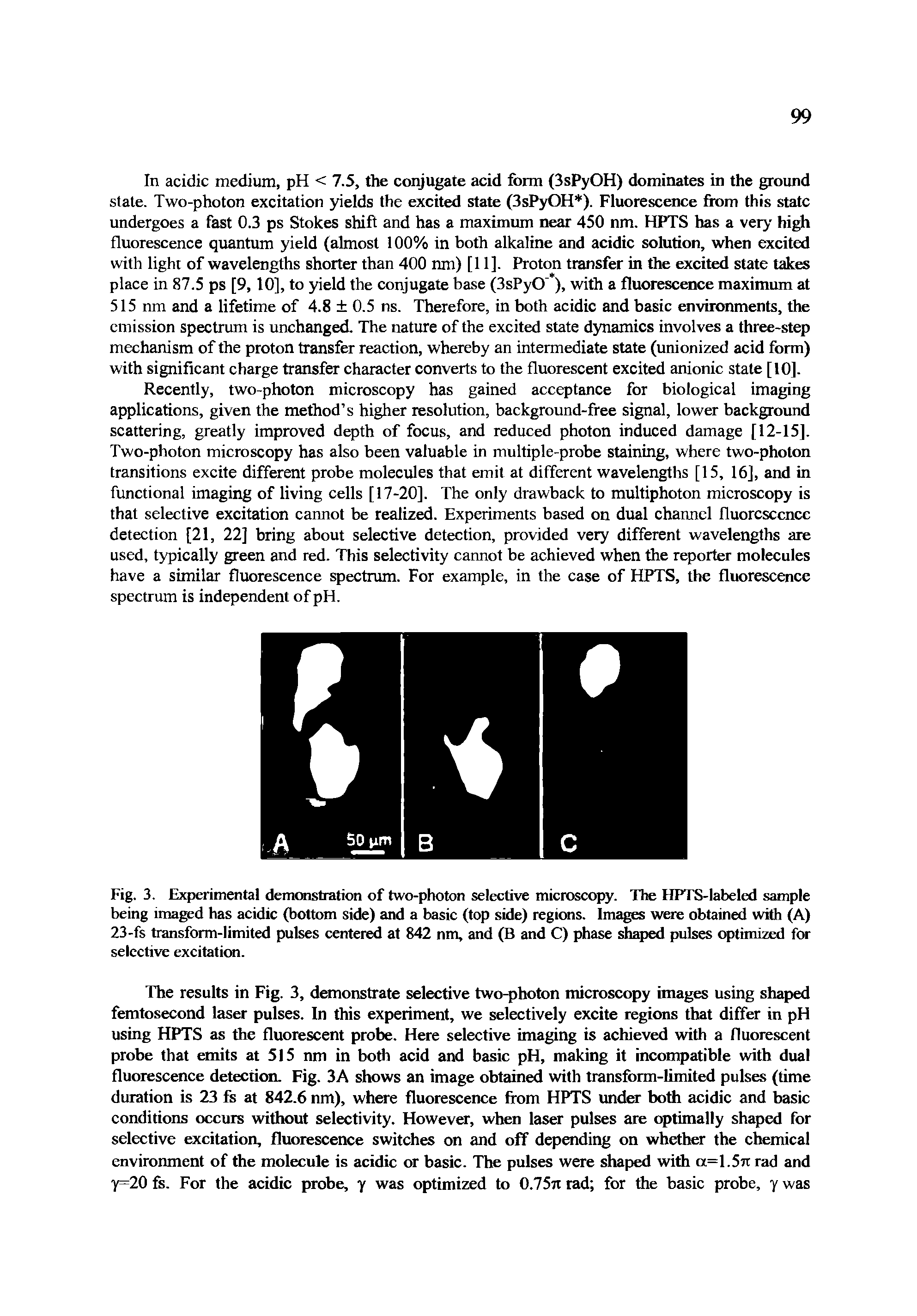 Fig. 3. Experimental demonstration of two-photon selective microscopy. The HPTS-labeled sample being imaged has acidic (bottom side) and a basic (top side) regions. Images were obtained with (A) 23-fs transform-limited pulses centered at 842 nm, and (B and C) phase shaped pulses optimized for selective excitation.