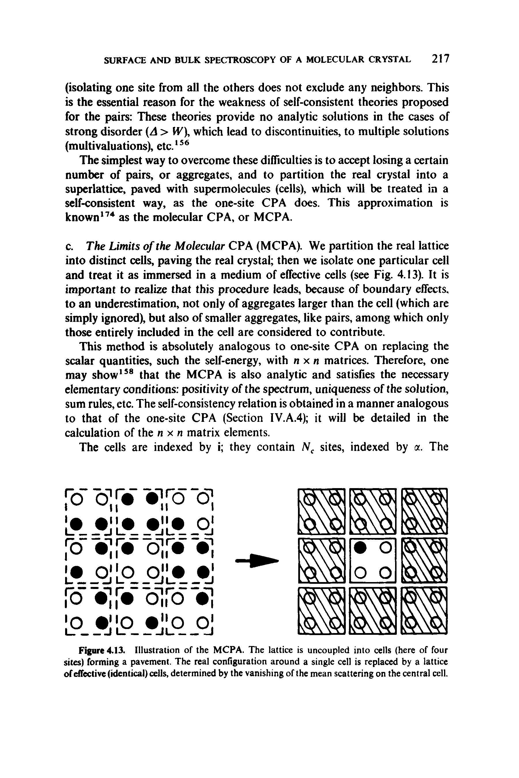 Figure 4.13. Illustration of the MCPA. The lattice is uncoupled into cells (here of four sites) forming a pavement. The real configuration around a single cell is replaced by a lattice of effective (identical) cells, determined by the vanishing of the mean scattering on the central cell.