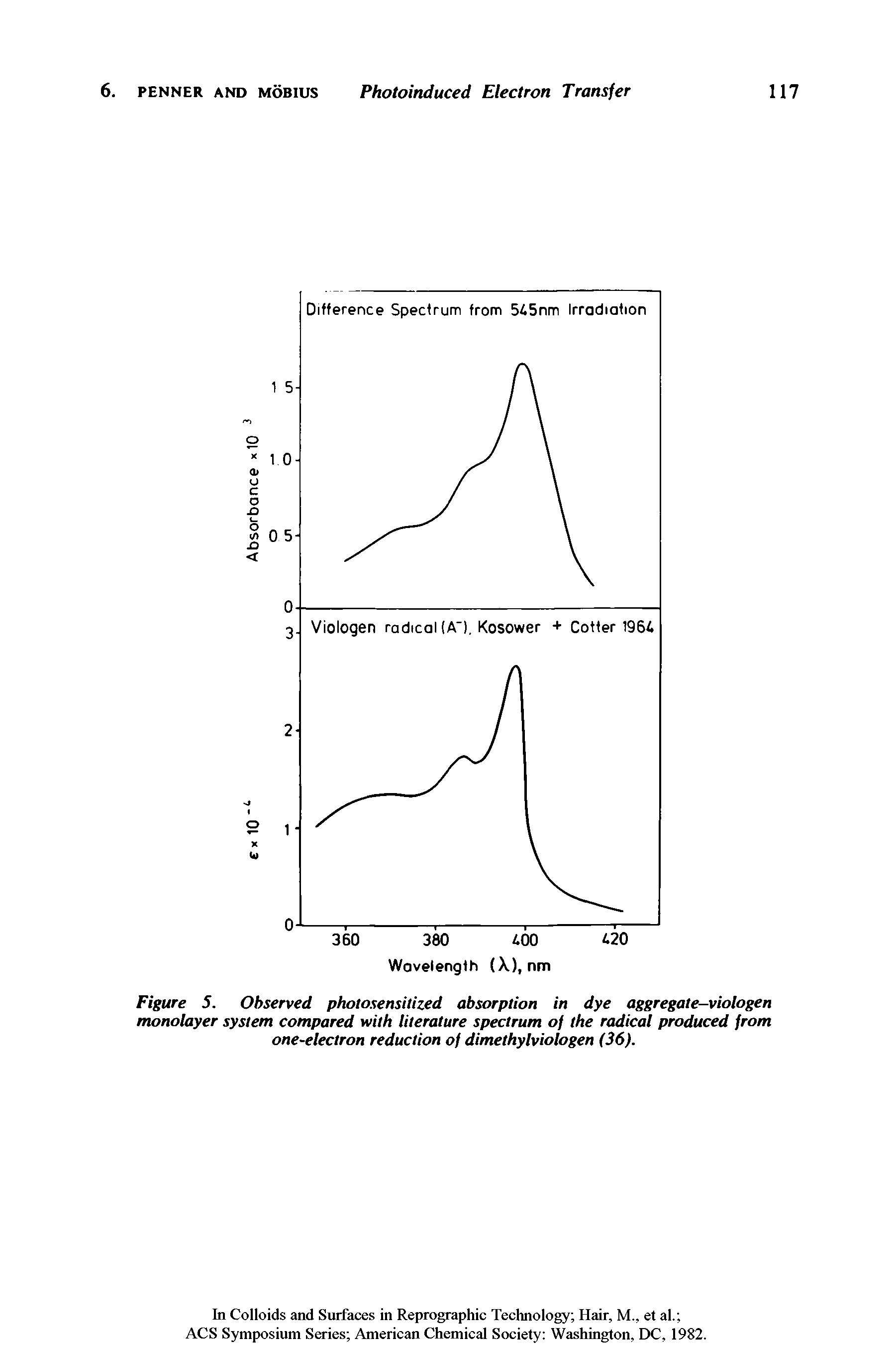 Figure 5. Observed photosensitized absorption in dye aggregate-viologen monolayer system compared with literature spectrum of the radical produced from one-electron reduction of dimethylviologen (36).