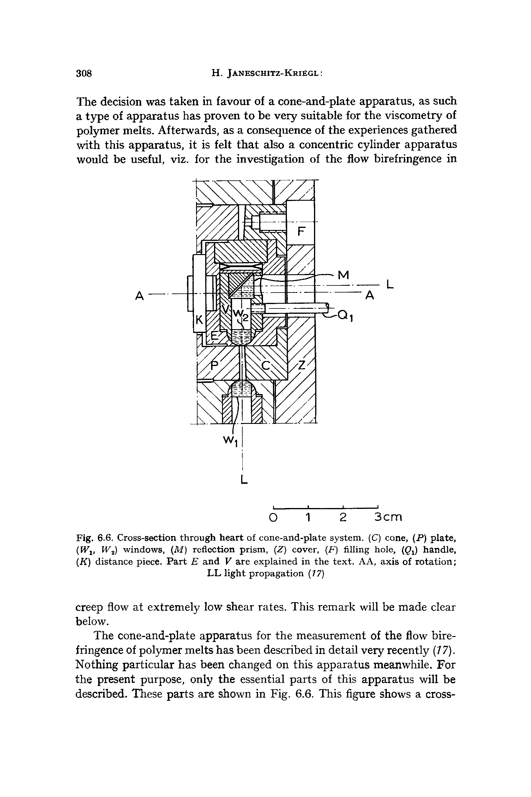 Fig. 6.6. Cross-section through heart of cone-and-plate system. (C) cone, P) plate, (1F1, IV2) windows, (M) reflection prism, [Z) cover, (F) filling hole, handle, (K) distance piece. Part E and V are explained in the text. AA, axis of rotation LL light propagation (77)...