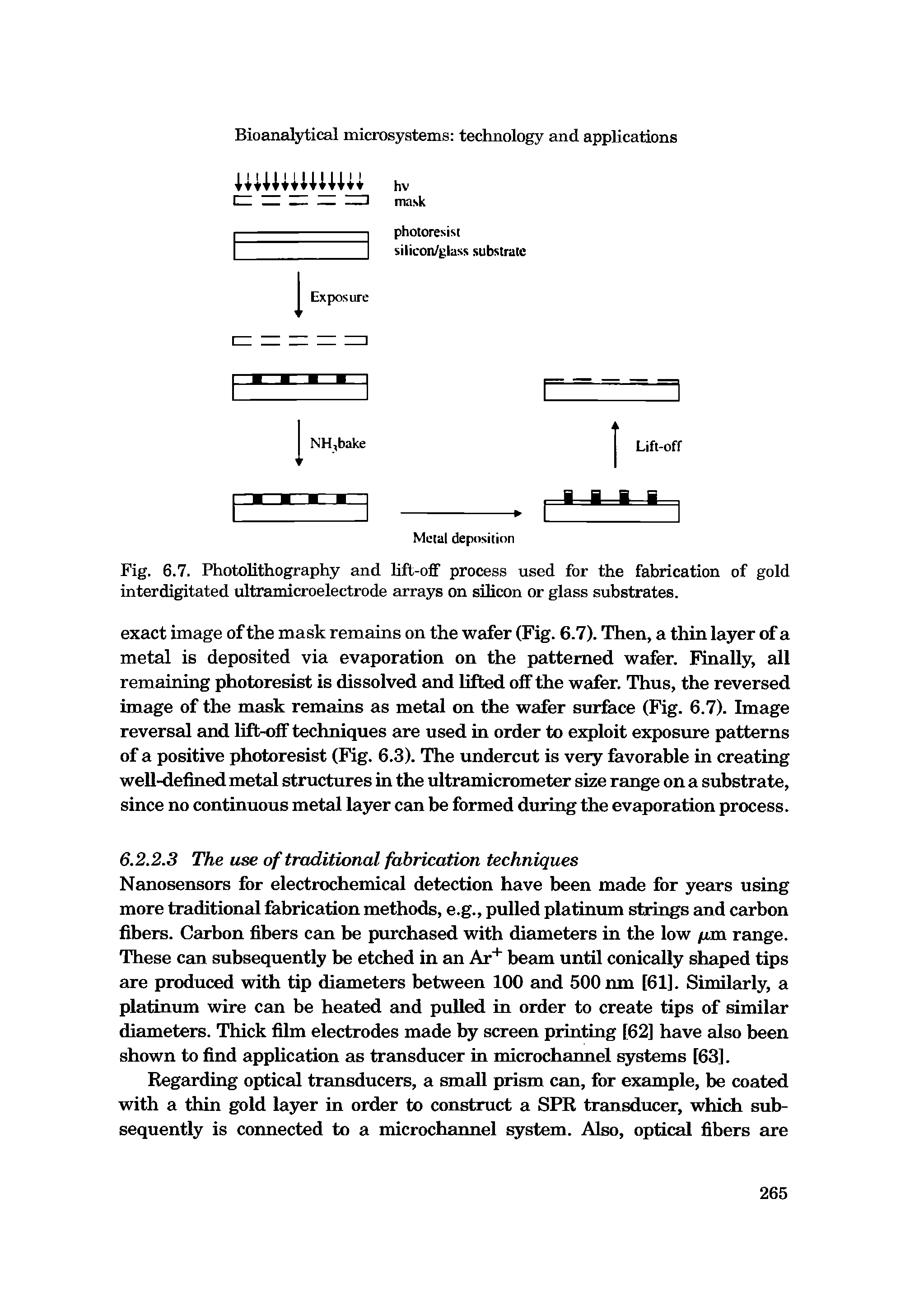 Fig. 6.7. Photolithography and hft-off process used for the fabrication of gold interdigitated ultramicroelectrode arrays on silicon or glass substrates.