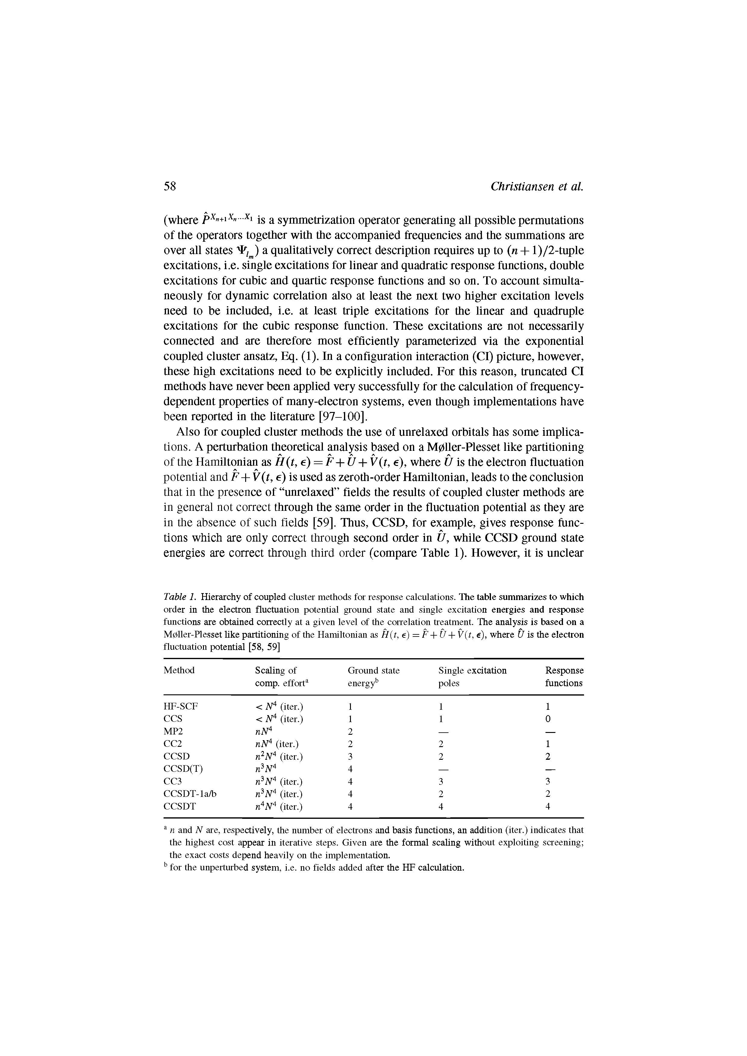 Table 1. Hierarchy of coupled cluster methods for response calculations. The table summarizes to which order in the electron fluctuation potential ground state and single excitation energies and response functions are obtained correctly at a given level of the correlation treatment. The analysis is based on a Mpller-Plesset like partitioning of the Hamiltonian as H(t, e) = F+ U + V t, e), where U is the electron fluctuation potential [58, 59]...