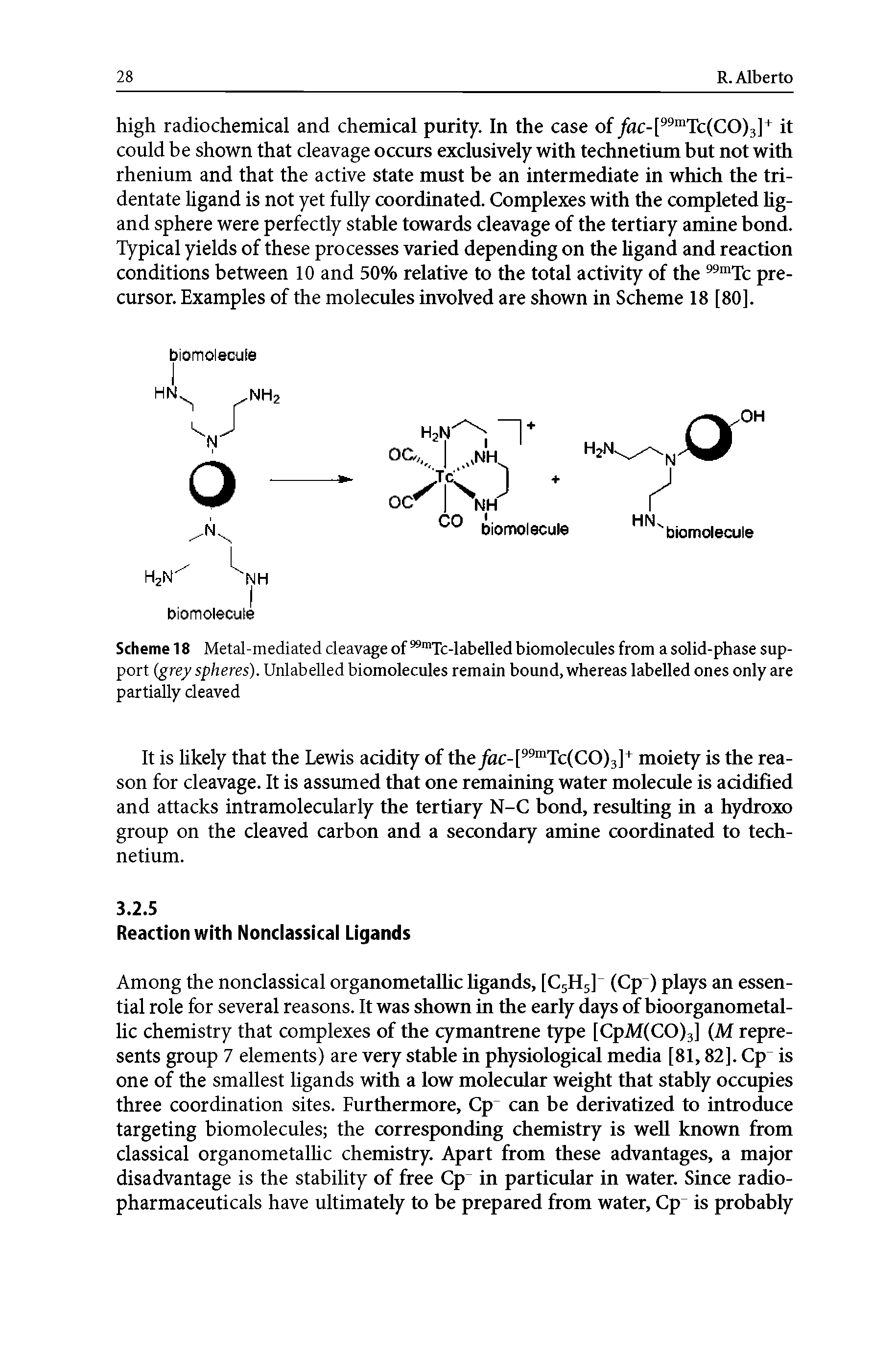 Scheme 18 Metal-mediated cleavage of "mTc-labelled biomolecules from a solid-phase support (grey spheres). Unlabelled biomolecules remain bound, whereas labelled ones only are partially cleaved...