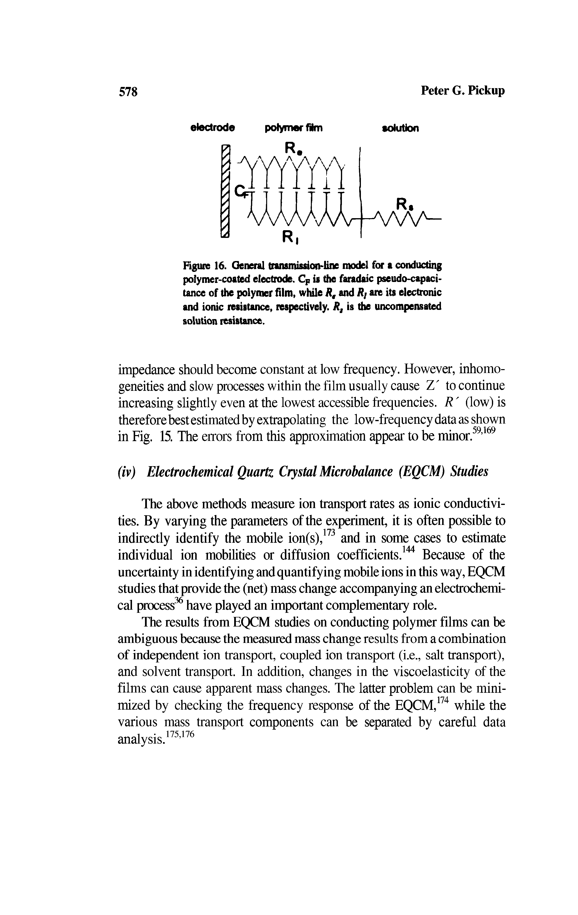 Figure 16. General transmission-line model for a conducting polymer-coated electrode. CF is the faradaic pseudo-capacitance of the polymer film, while Rt and Rt are its electronic and ionic resistance, respectively. R, is the uncompensated solution resistance.