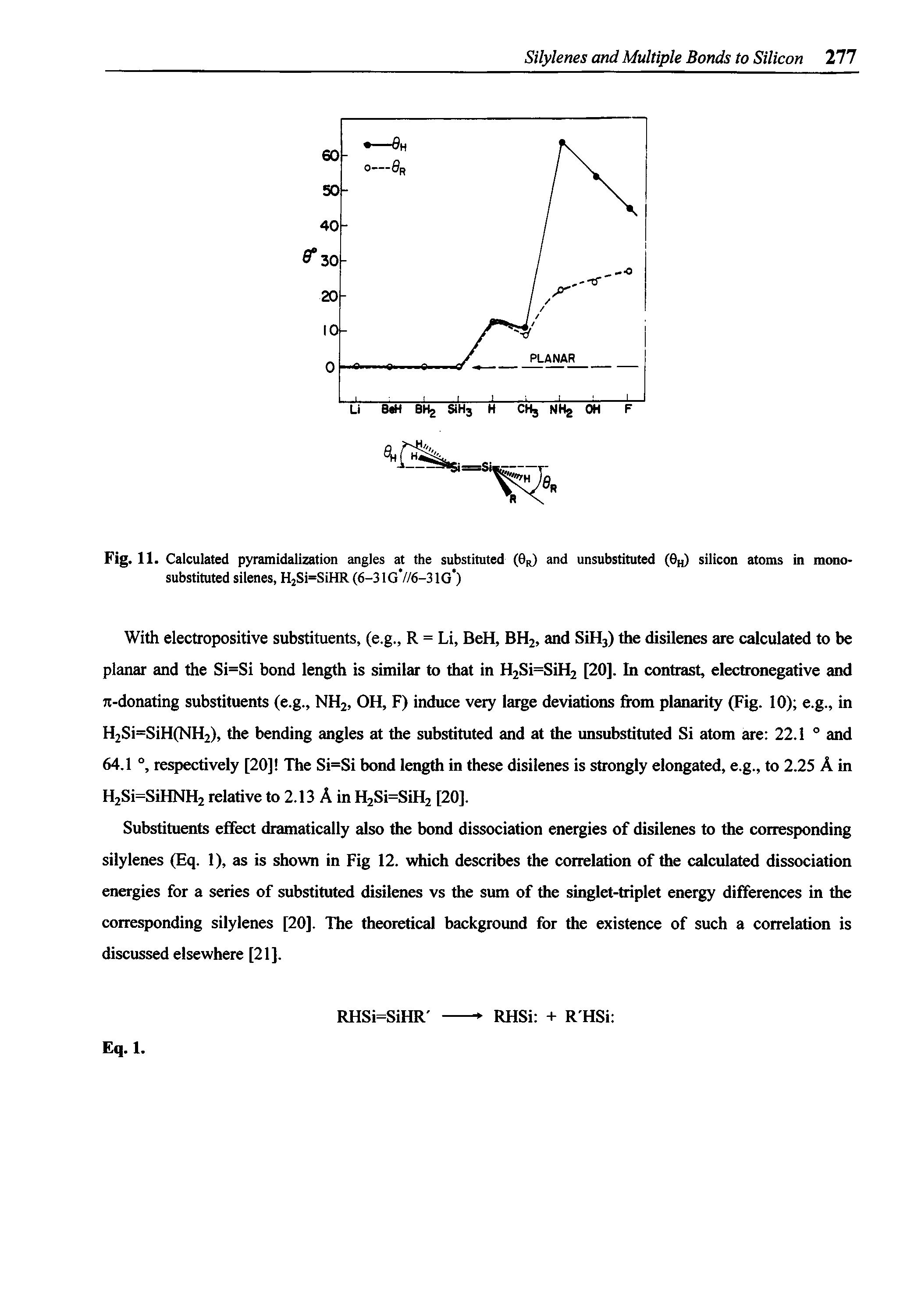 Fig. 11. Calculated pyramidalization angles at the substituted (Or) and unsubstituted (Oh) silicon atoms in mono-substituted silenes, H2Si=SiHR (6-3 IG //6-3 IG )...