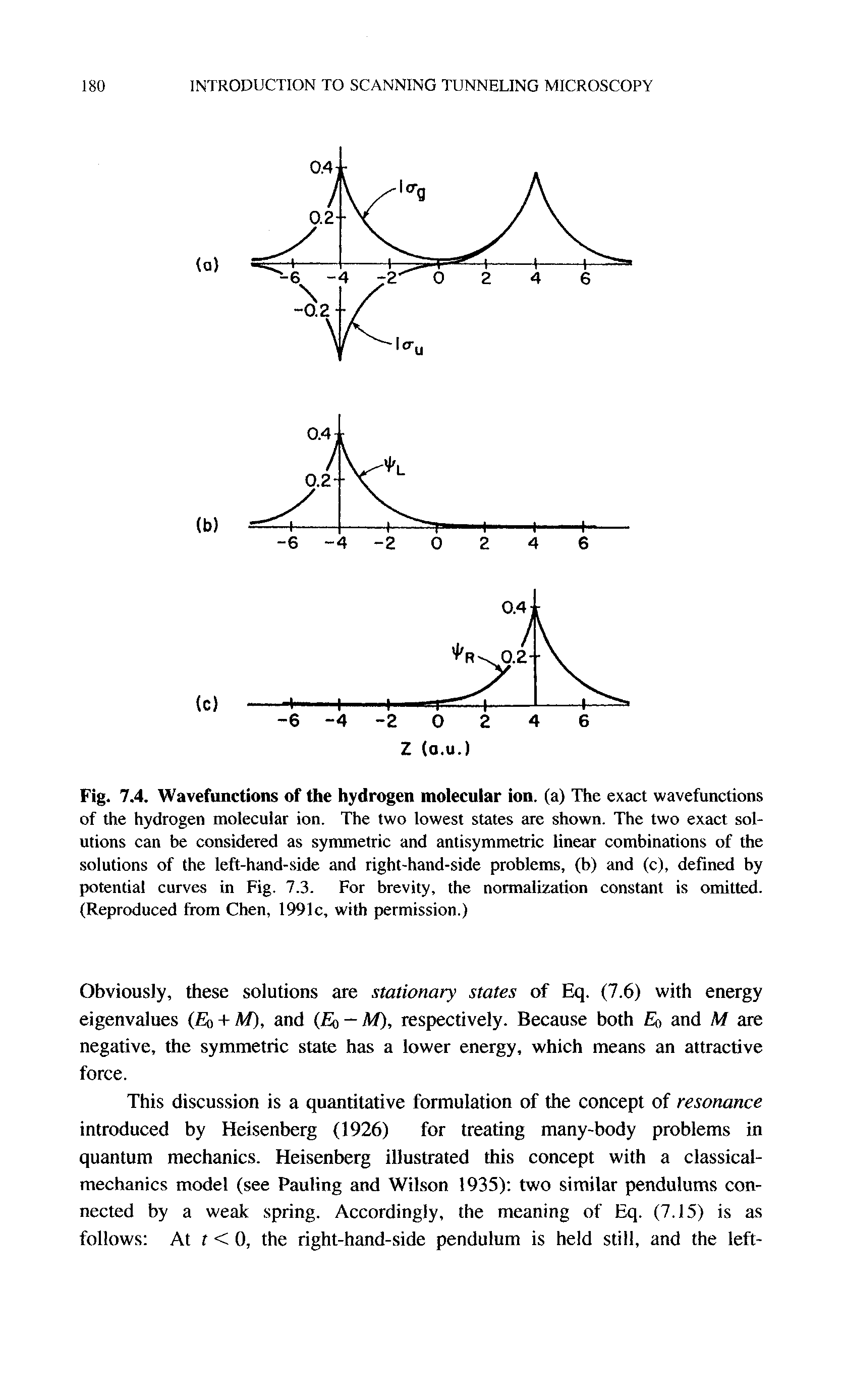 Fig. 7.4. Wavefunctions of the hydrogen molecular ion. (a) The exact wavefunctions of the hydrogen molecular ion. The two lowest states are shown. The two exact solutions can be considered as symmetric and antisymmetric linear combinations of the solutions of the left-hand-side and right-hand-side problems, (b) and (c), defined by potential curves in Fig. 7.3. For brevity, the normalization constant is omitted. (Reproduced from Chen, 1991c, with permission.)...