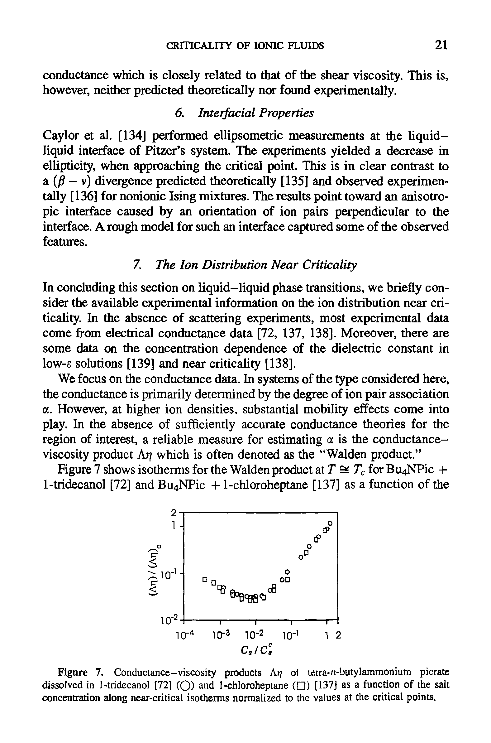 Figure 7. Conductance-viscosity products Ai of tetra-n-butylammonium picrate dissolved in 1-tridecanol [72] (O) and 1-chloroheptane ( ) [137] as a function of the salt concentration along near-critical isotherms normalized to the values at the critical points.