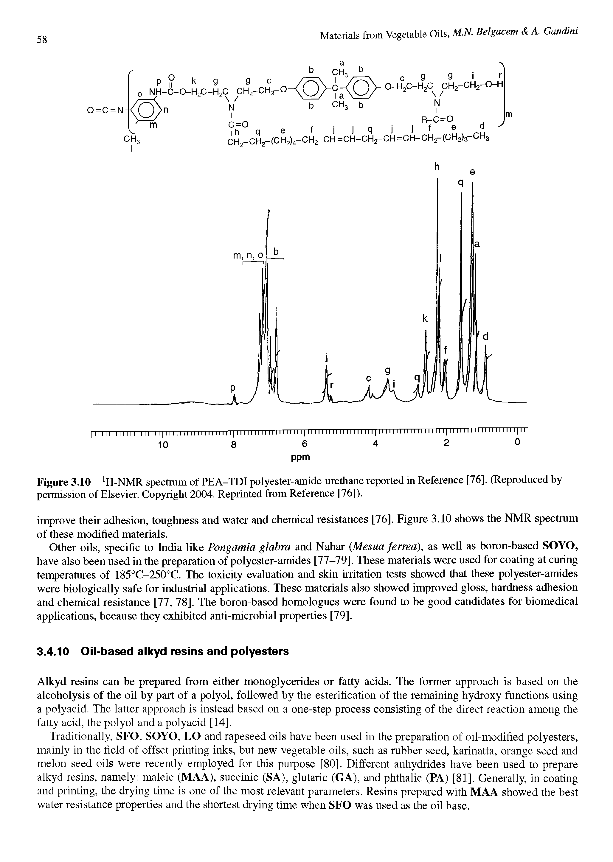 Figure 3.10 H-NMR spectrum of PEA-TDI polyester-amide-urethane reported in Reference [76]. (Reproduced by permission of Elsevier. Copyright 2004. Reprinted from Reference [76]).