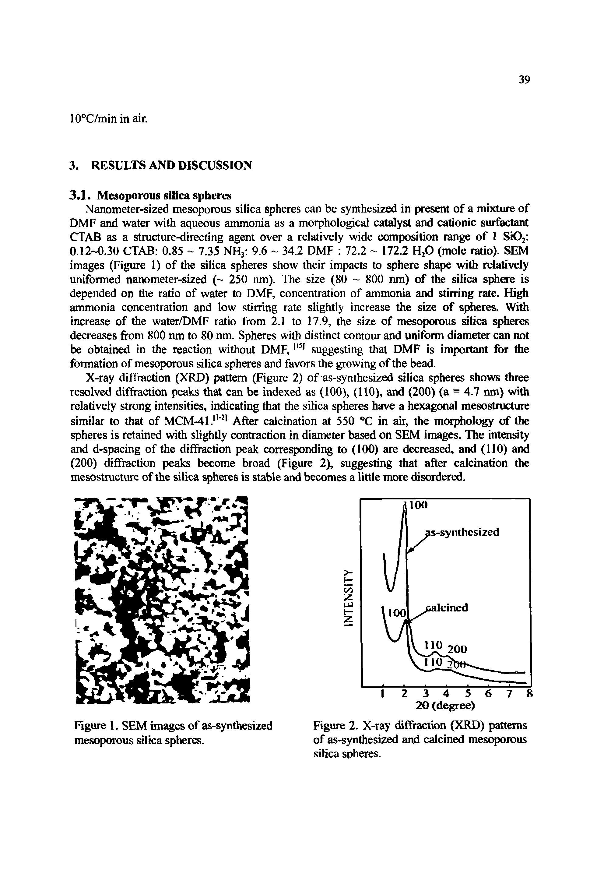 Figure 2. X-ray diffraction (XRD) patterns of as-synthesized and calcined mesoporous silica spheres.