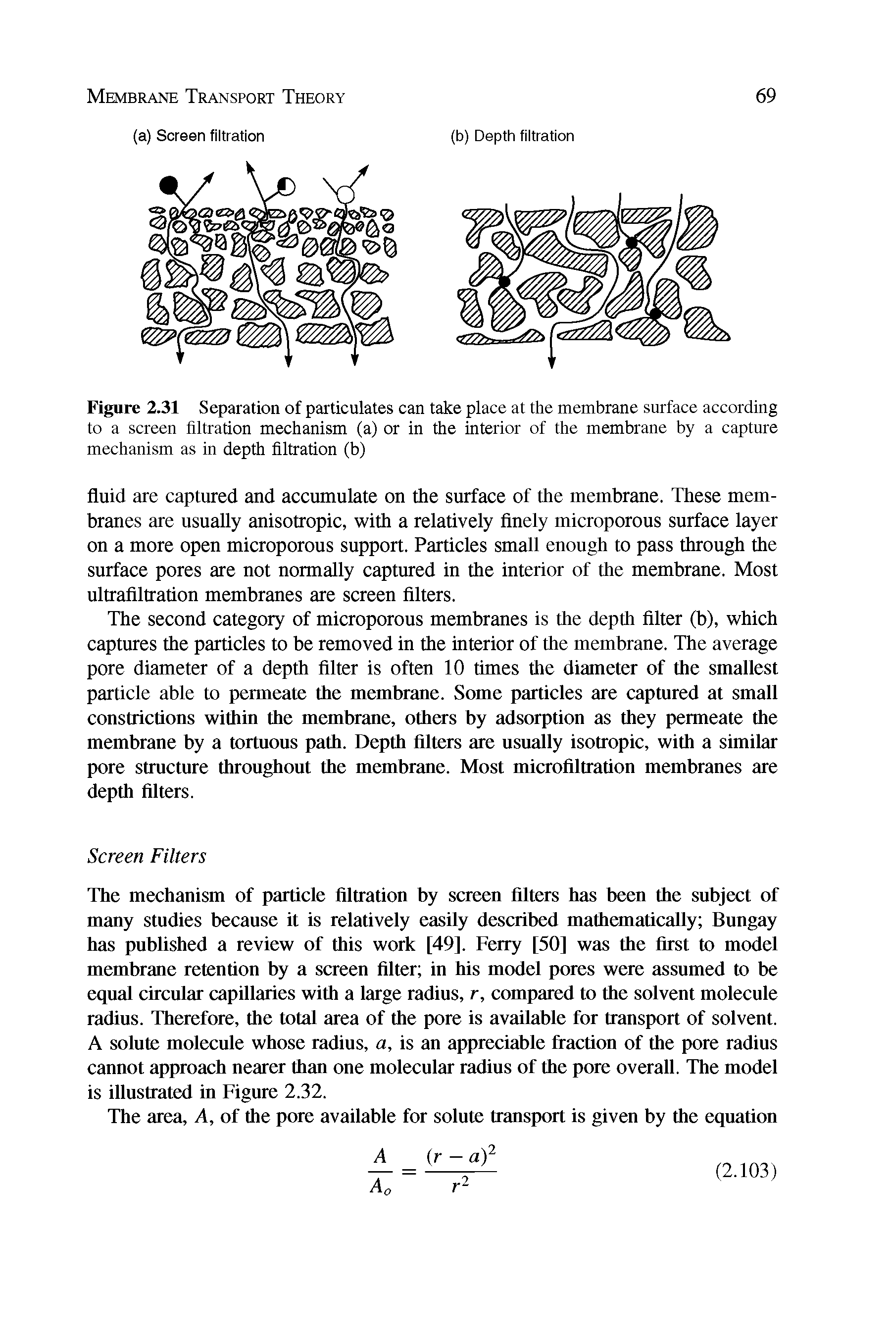 Figure 2.31 Separation of particulates can take place at the membrane surface according to a screen filtration mechanism (a) or in the interior of the membrane by a capture mechanism as in depth filtration (b)...