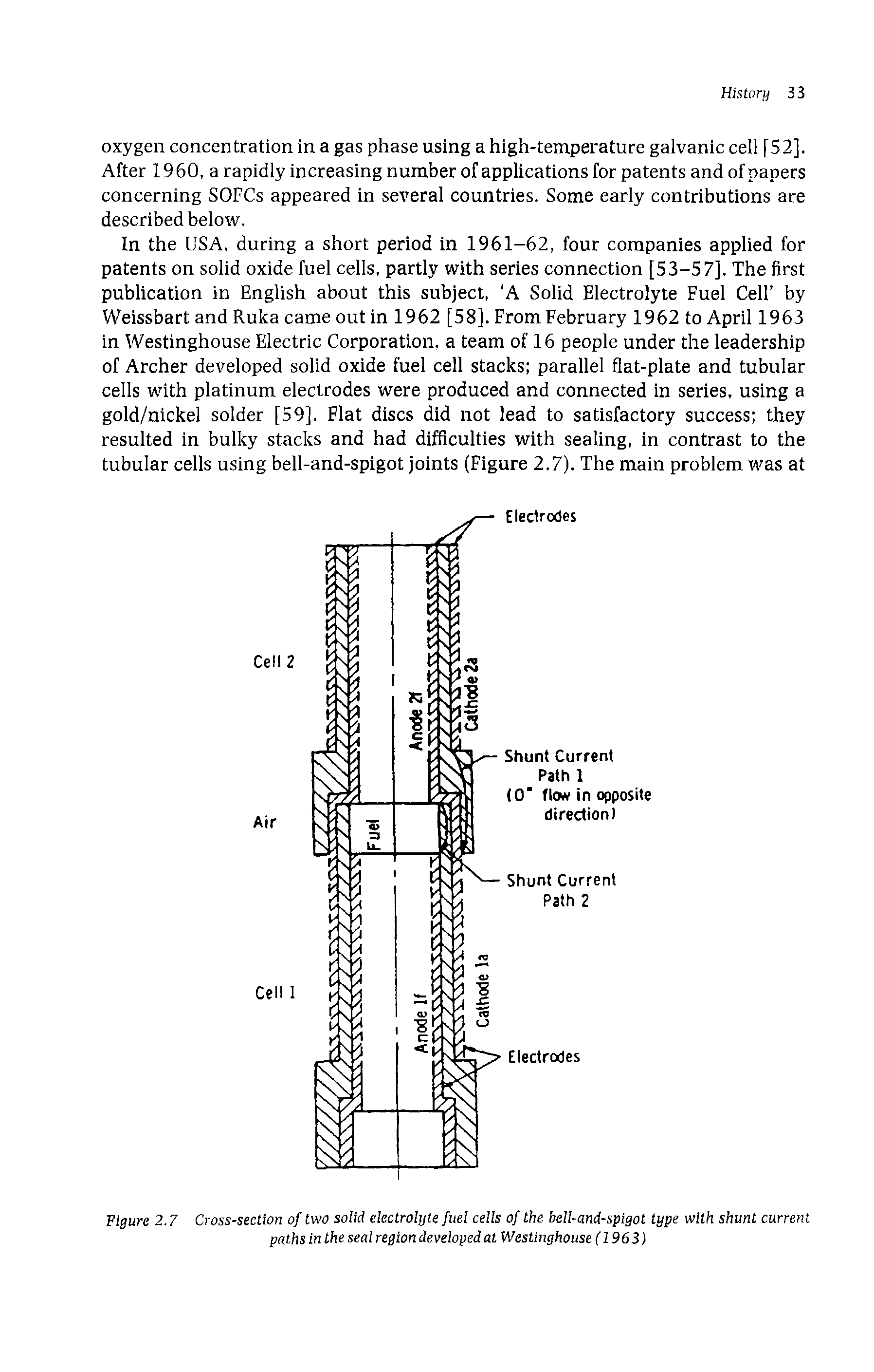 Figure 2.7 Cross-section of two solid electrolyte fuel cells of the bell-and-spigot type with shunt current paths in the seal region developed at Westinghouse (1963)...