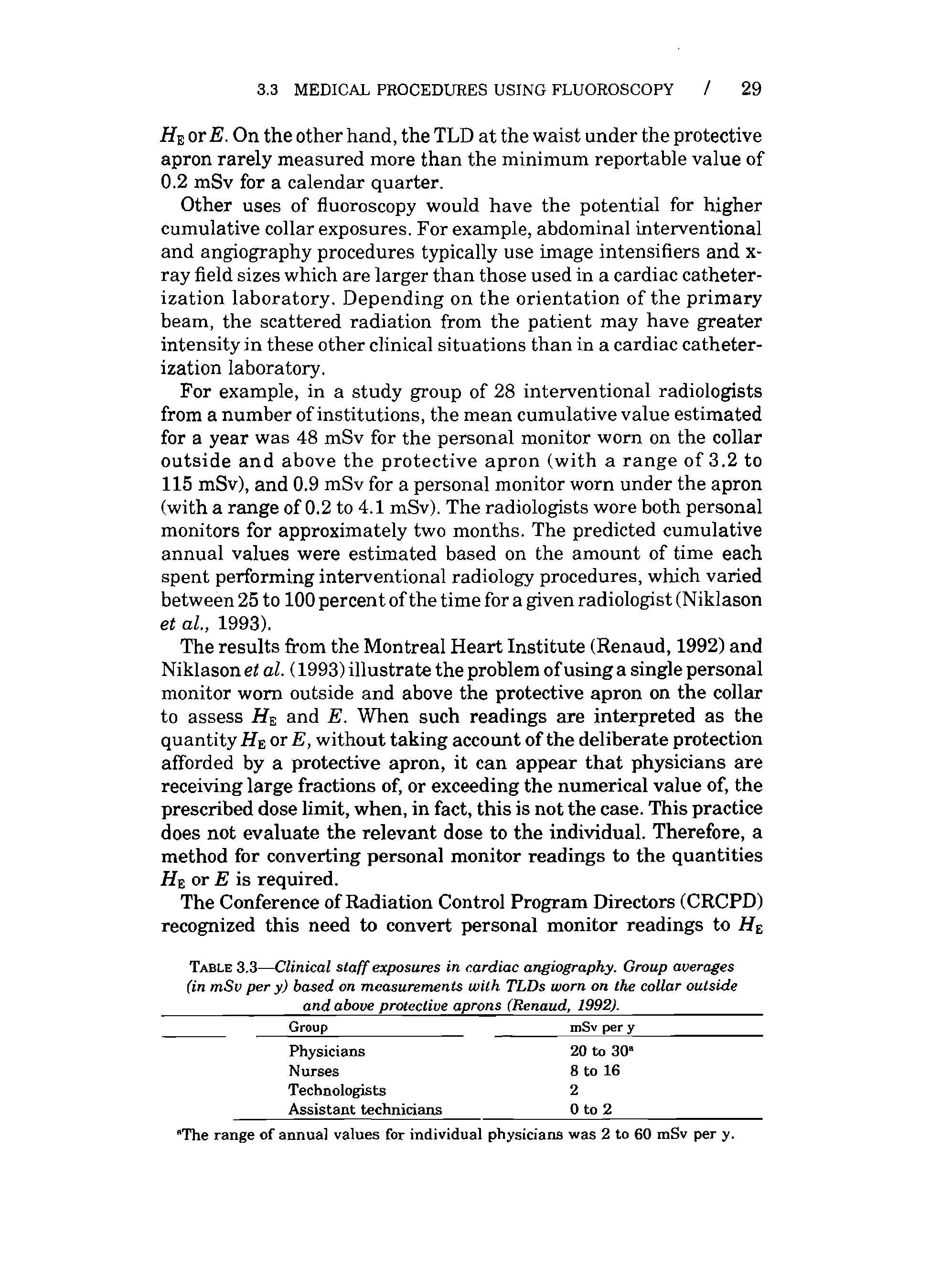 Table 3.3—Clinical staff exposures in cardiac angiography. Group averages (in mSv per y) based on measurements with TLDs worn on the collar outside and above protective aprons (Renaud, 1992). ...