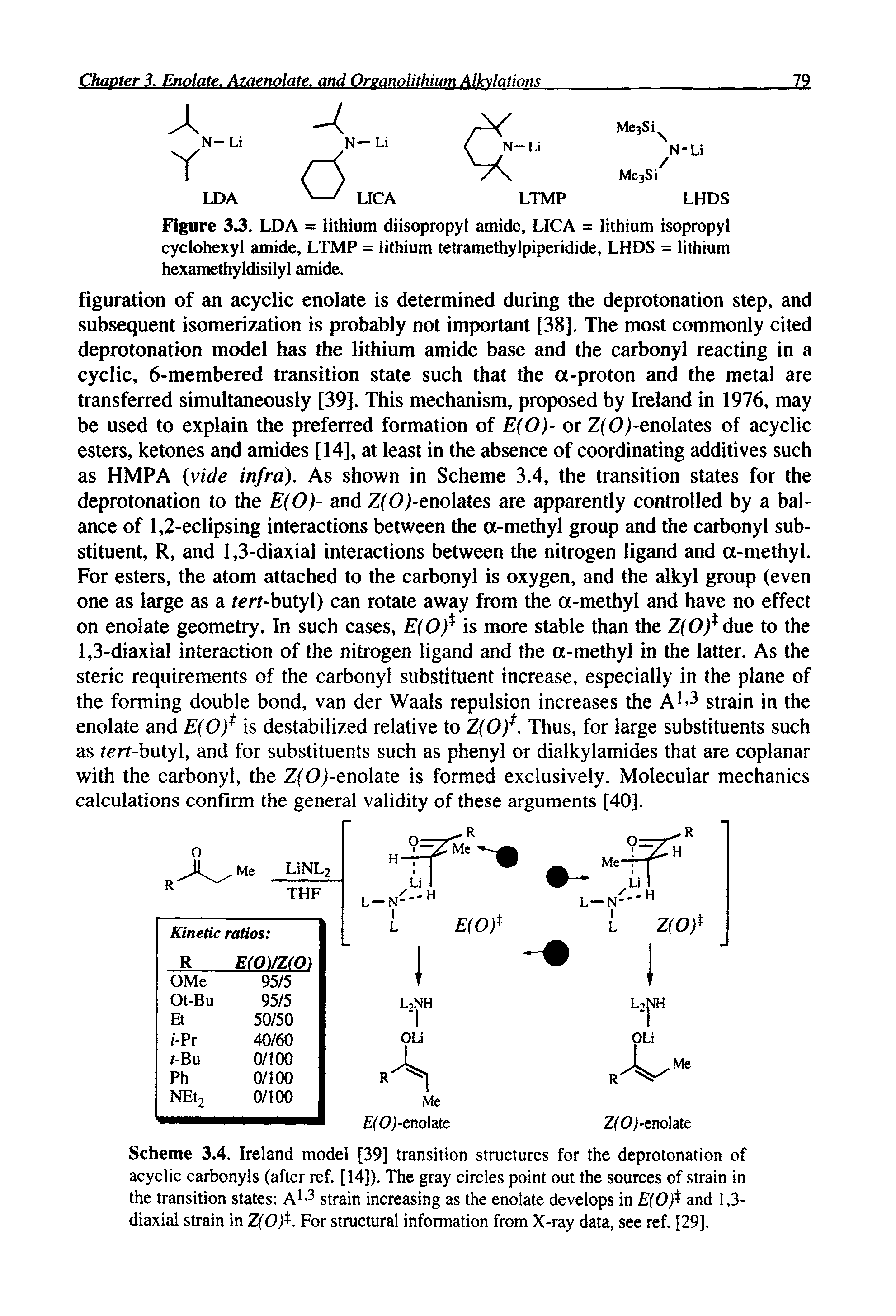 Scheme 3.4. Ireland model [39] transition structures for the deprotonation of acyclic carbonyls (after ref. [14]). The gray circles point out the sources of strain in the transition states A - strain increasing as the enolate develops in E(0) and 1,3-diaxial strain in Z(0)i. For structural information from X-ray data, see ref. [29],...