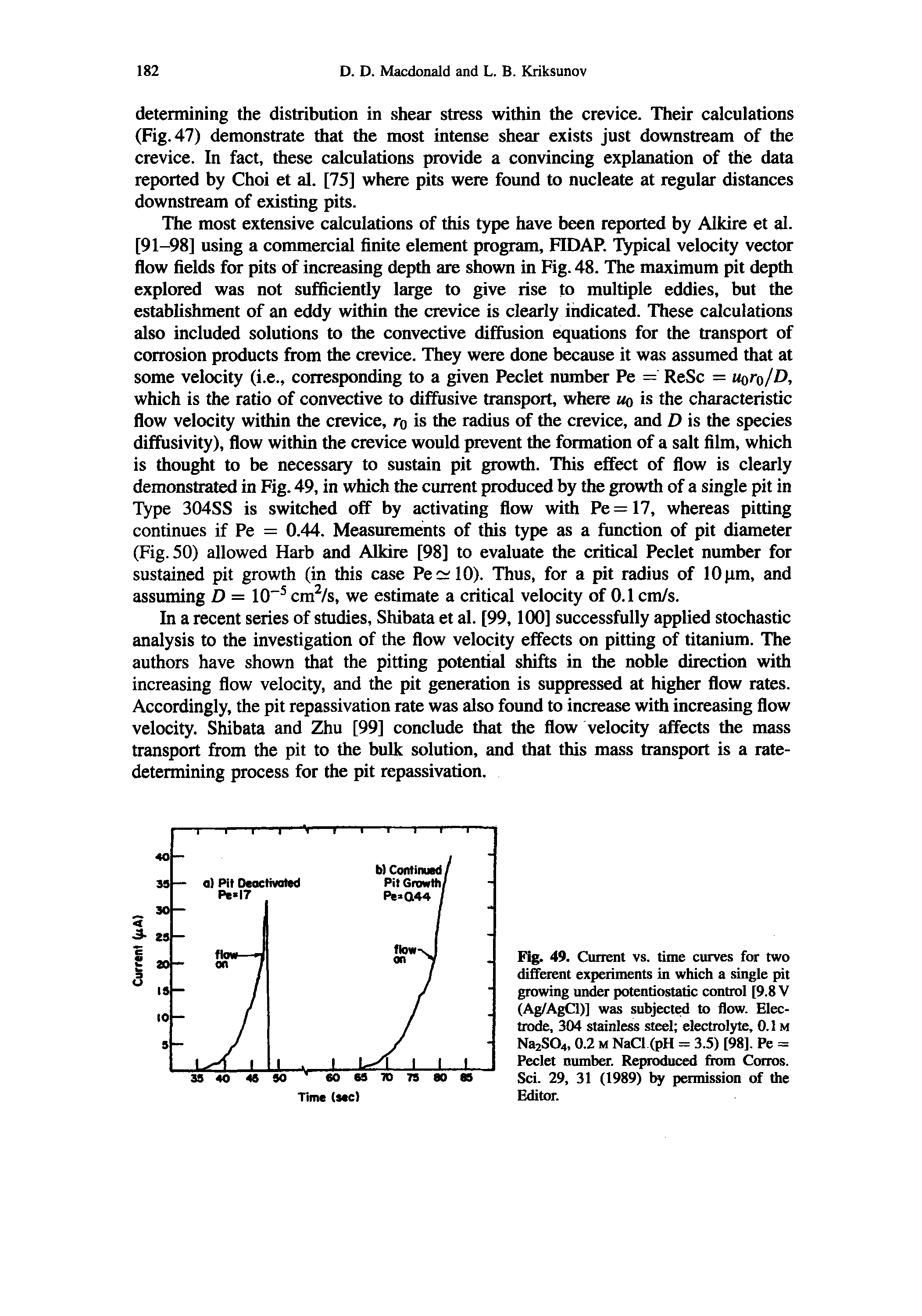 Fig. 49. Current vs. time curves for two different experiments in which a single pit growing under potentiostatic control [9.8 V (Ag/AgCl)] was subjected to flow. Electrode, 304 stainless steel electrolyte, 0.1 m Na2S04, 0.2 M NaCl (pH = 3.5) [98]. Pe = Peclet number. Reproduced from Corros. Scl. 29, 31 (1989) by permission of the Editor.