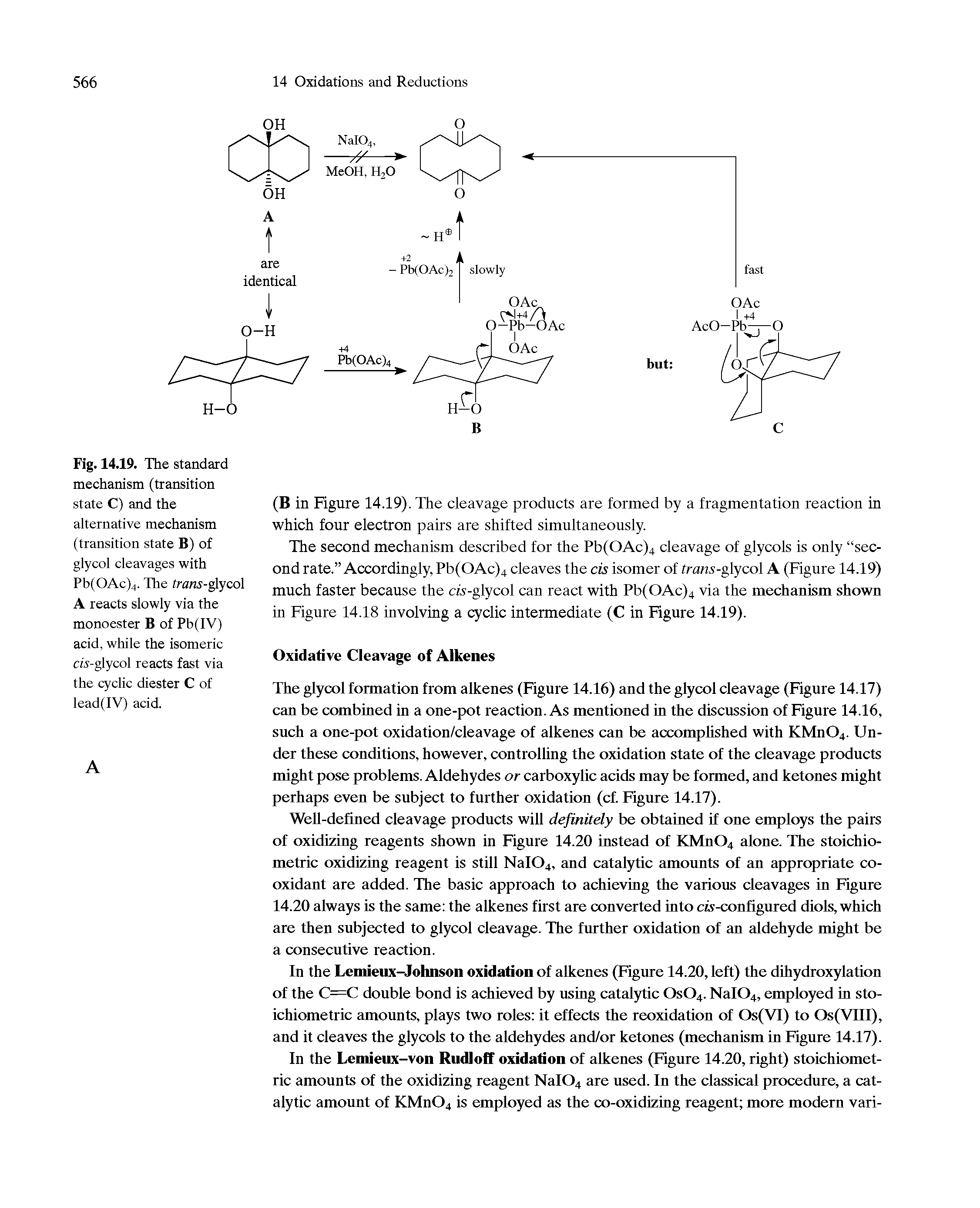 Fig. 14.19. The standard mechanism (transition state C) and the alternative mechanism (transition state B) of glycol cleavages with Pb(OAc)4. The trans-glycol A reacts slowly via the monoester B of Pb(IV) acid, while the isomeric di-glycol reacts fast via the cyclic diester C of lead(IV) acid.