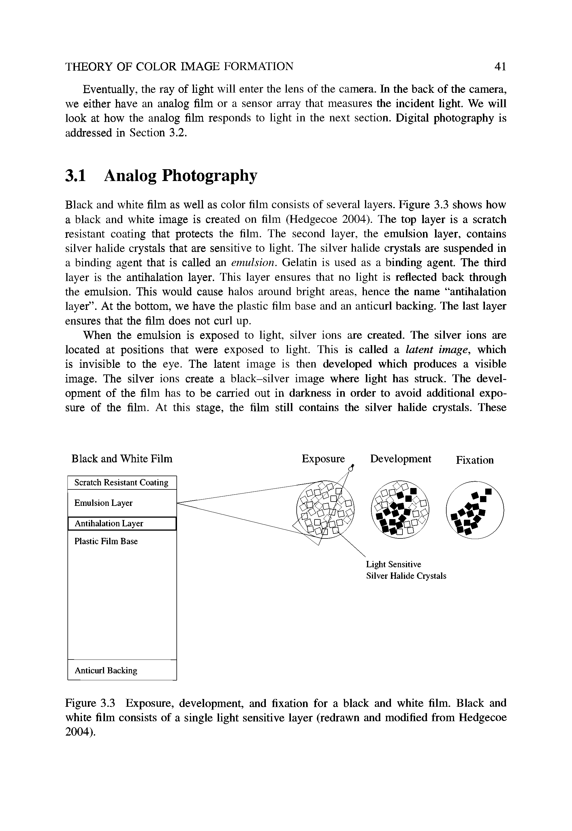 Figure 3.3 Exposure, development, and fixation for a black and white film. Black and white film consists of a single light sensitive layer (redrawn and modified from Hedgecoe 2004).