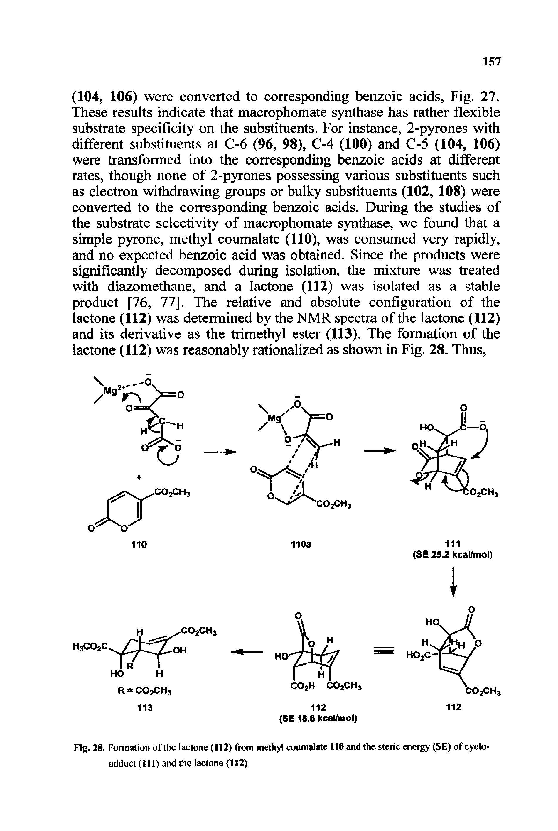 Fig. 28. Formation of the lactone (112) from methyl coumalate 116 and the steric energy (SE) of cycloadduct (111) and the lactone (112)...