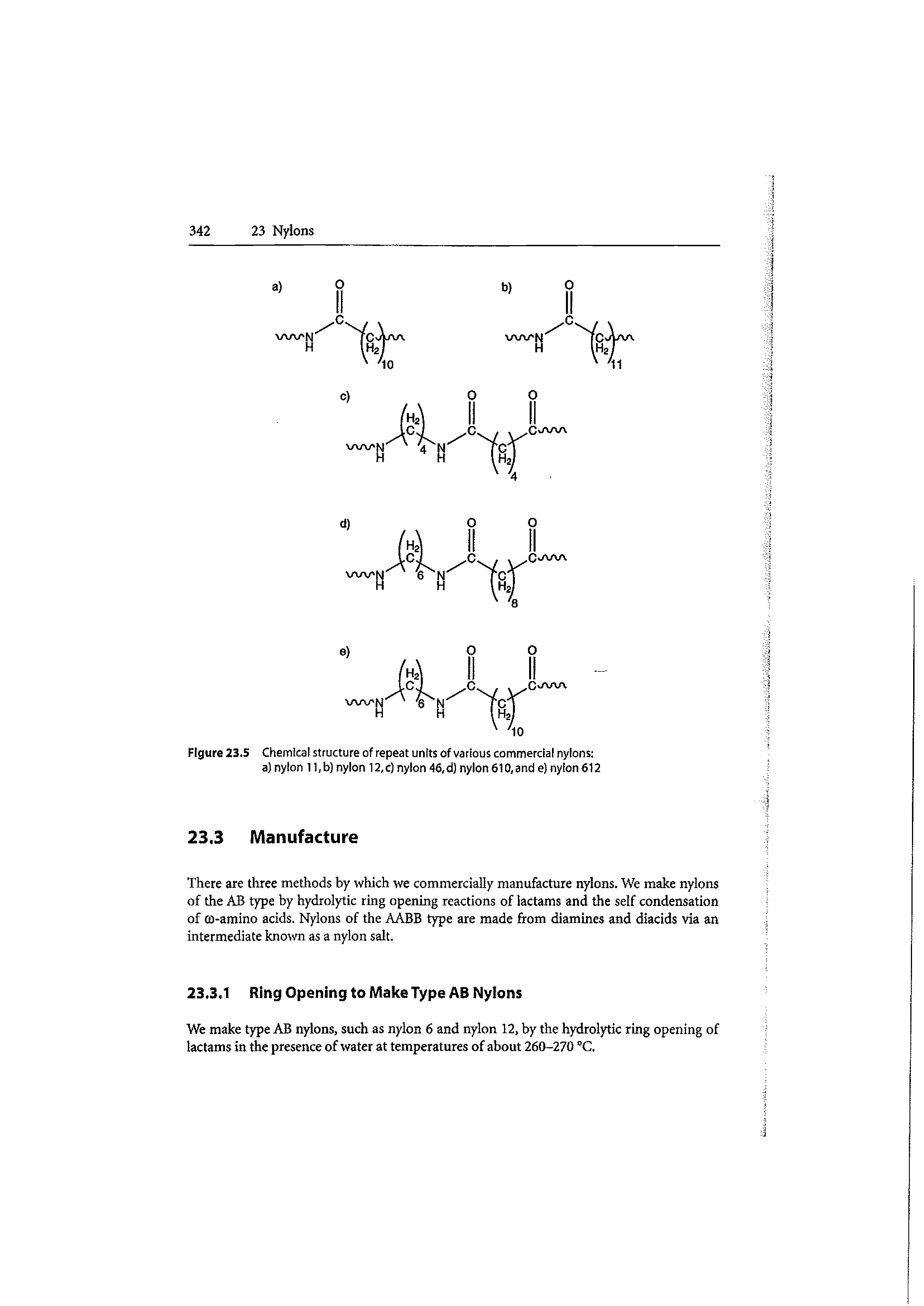 Figure 23.5 Chemical structure of repeat units of various commercial nylons a) nylon 11,b) nylon 12,c) nylon 46, d) nylon 610, and e) nylon 612...