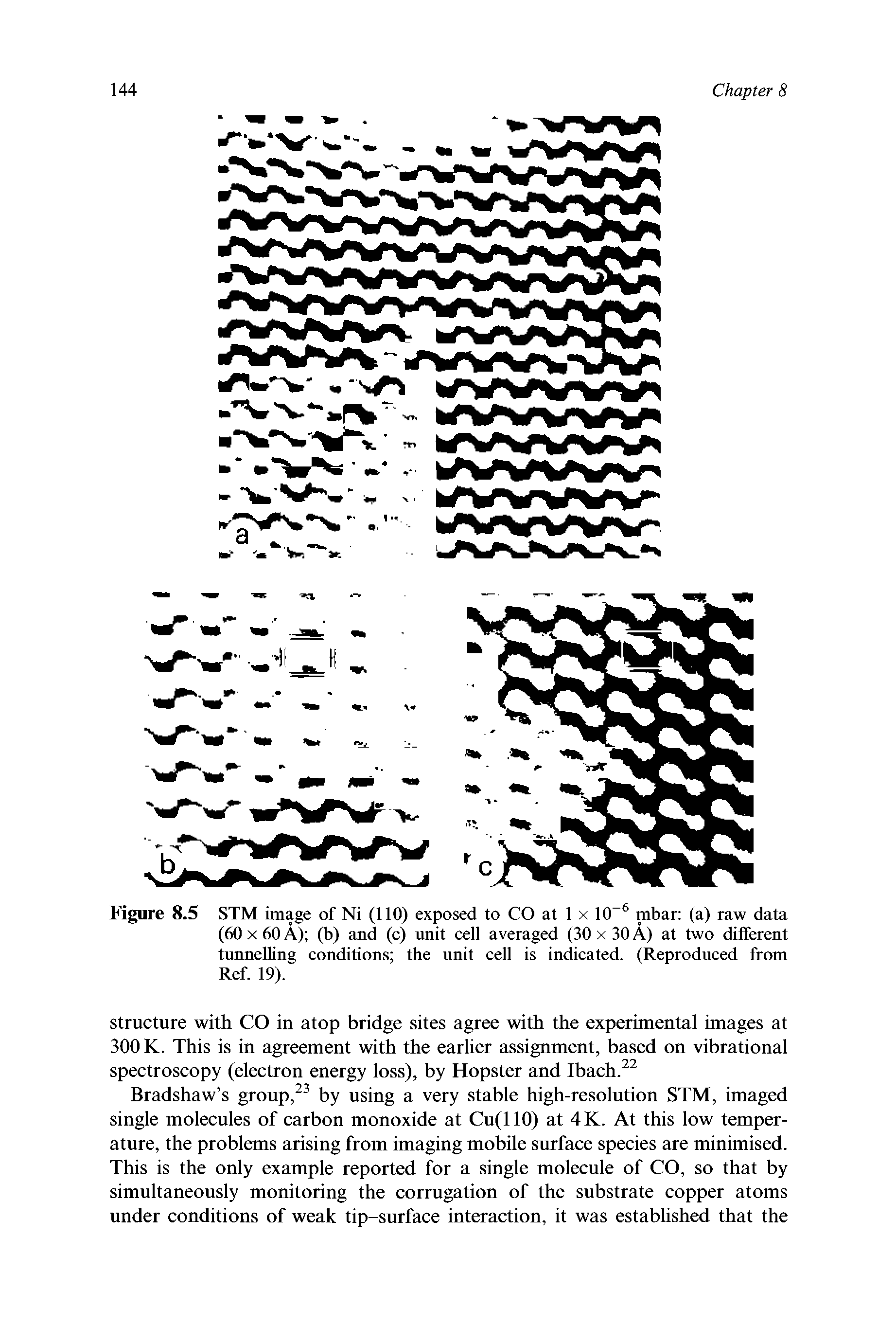 Figure 8.5 STM image of Ni (110) exposed to CO at 1 x 10-6 mbar (a) raw data (60 x 60 A) (b) and (c) unit cell averaged (30 x 30 A) at two different tunnelling conditions the unit cell is indicated. (Reproduced from Ref. 19).