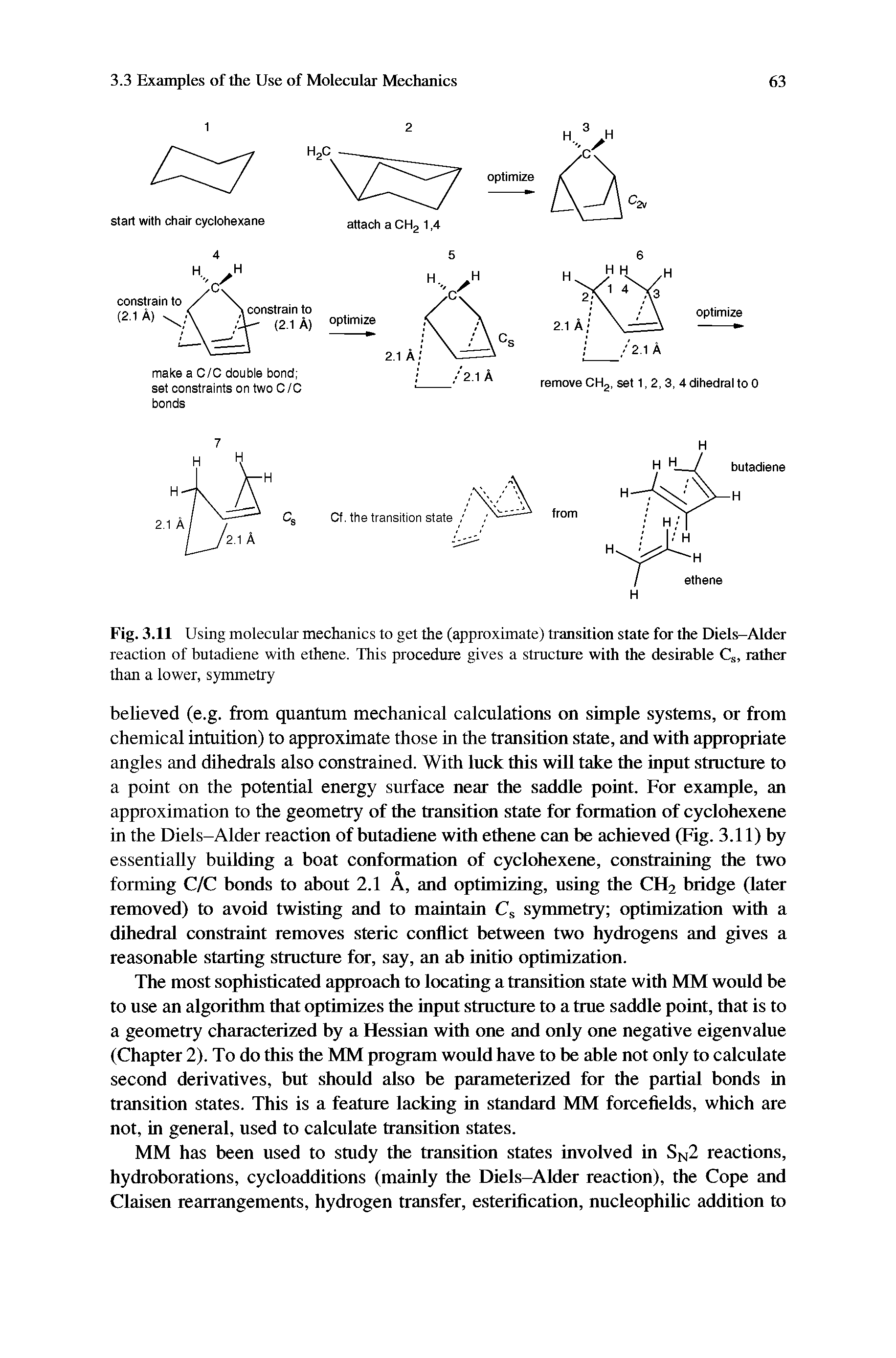 Fig. 3.11 Using molecular mechanics to get the (approximate) transition state for the Diels-Alder reaction of butadiene with ethene. This procedure gives a structure with the desirable Cs, rather than a lower, symmetry...