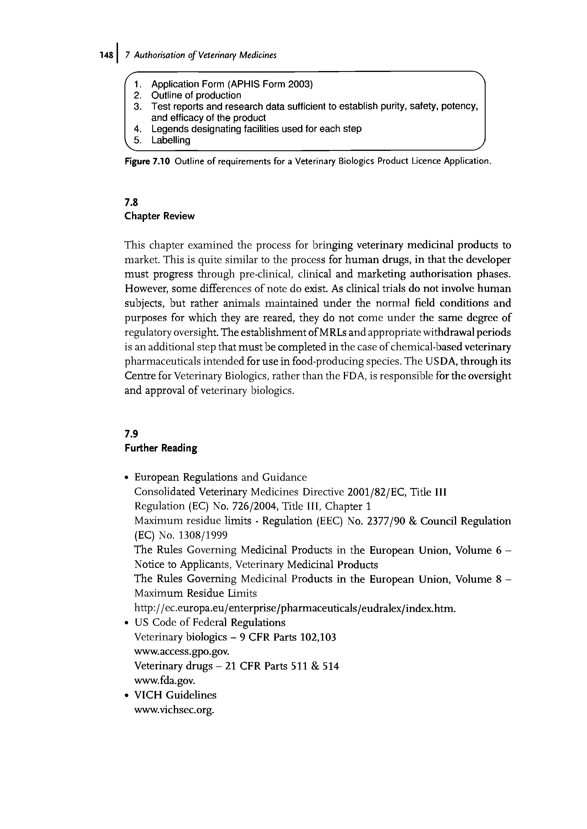 Figure 7.10 Outiine of requirements for a Veterinary Bioiogics Product Licence Appiication.