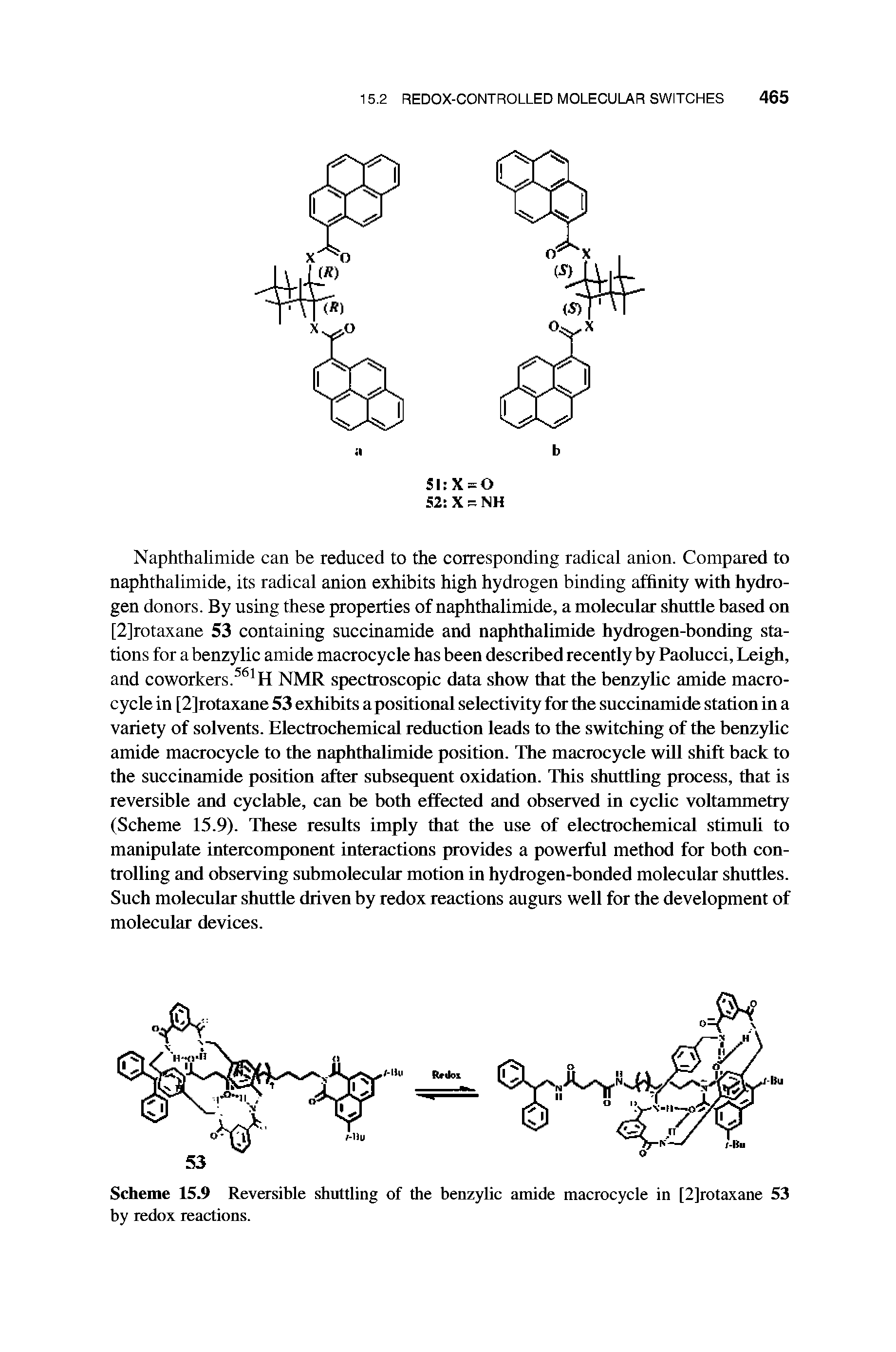 Scheme 15.9 Reversible shuttling of the benzylic amide macrocycle in [2]rotaxane 53 by redox reactions.