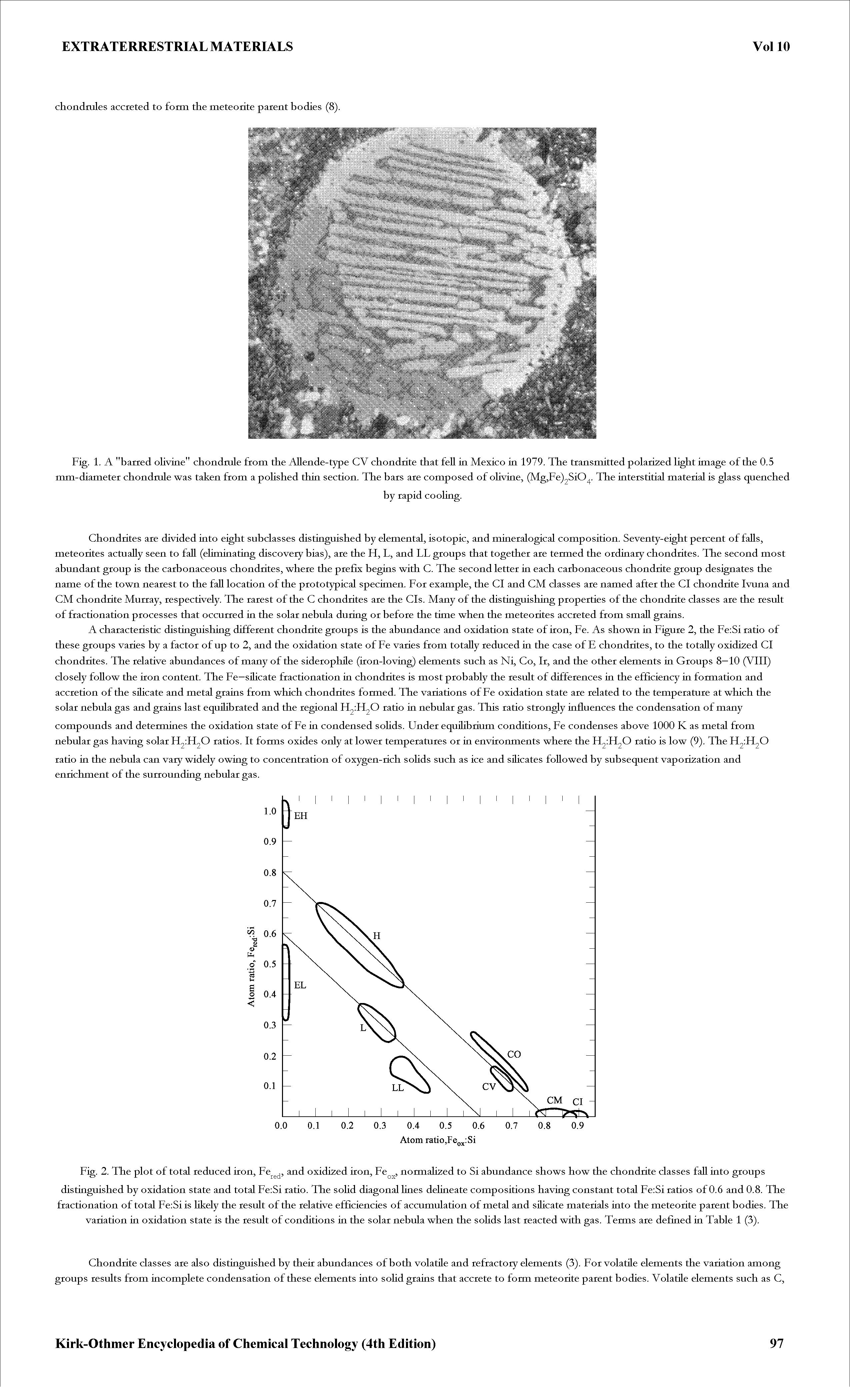 Fig. 2. The plot of total reduced iron, Fe, and oxidized iron, Fe, normalized to Si abundance shows how the chondrite classes fall into groups distinguished by oxidation state and total Fe Si ratio. The soHd diagonal lines delineate compositions having constant total Fe Si ratios of 0.6 and 0.8. The fractionation of total Fe Si is likely the result of the relative efficiencies of accumulation of metal and siUcate materials into the meteorite parent bodies. The variation in oxidation state is the result of conditions in the solar nebula when the soHds last reacted with gas. Terms are defined in Table 1 (3).
