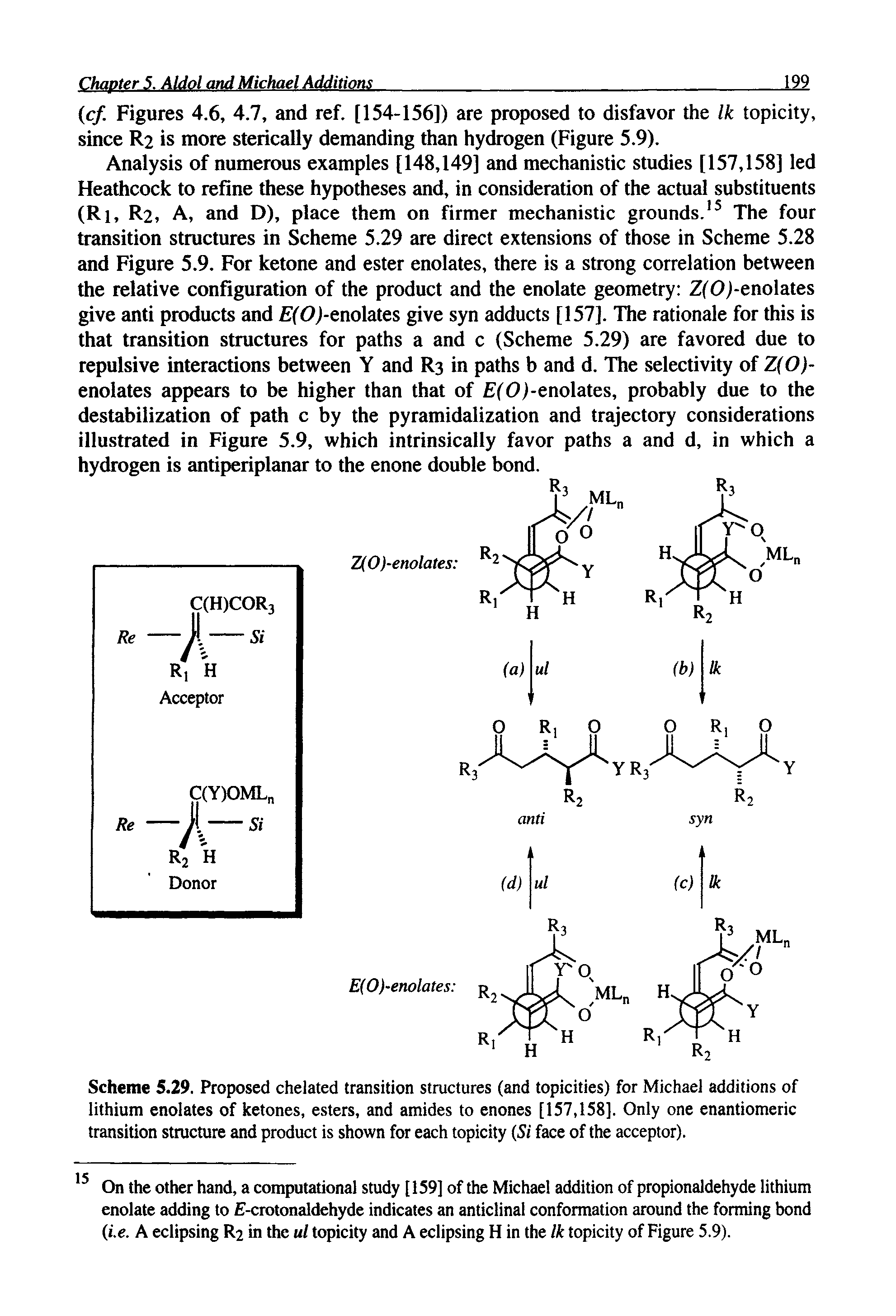 Scheme 5.29. Proposed chelated transition structures (and topicities) for Michael additions of lithium enolates of ketones, esters, and amides to enones [157,158]. Only one enantiomeric transition structure and product is shown for each topicity (Si face of the acceptor).