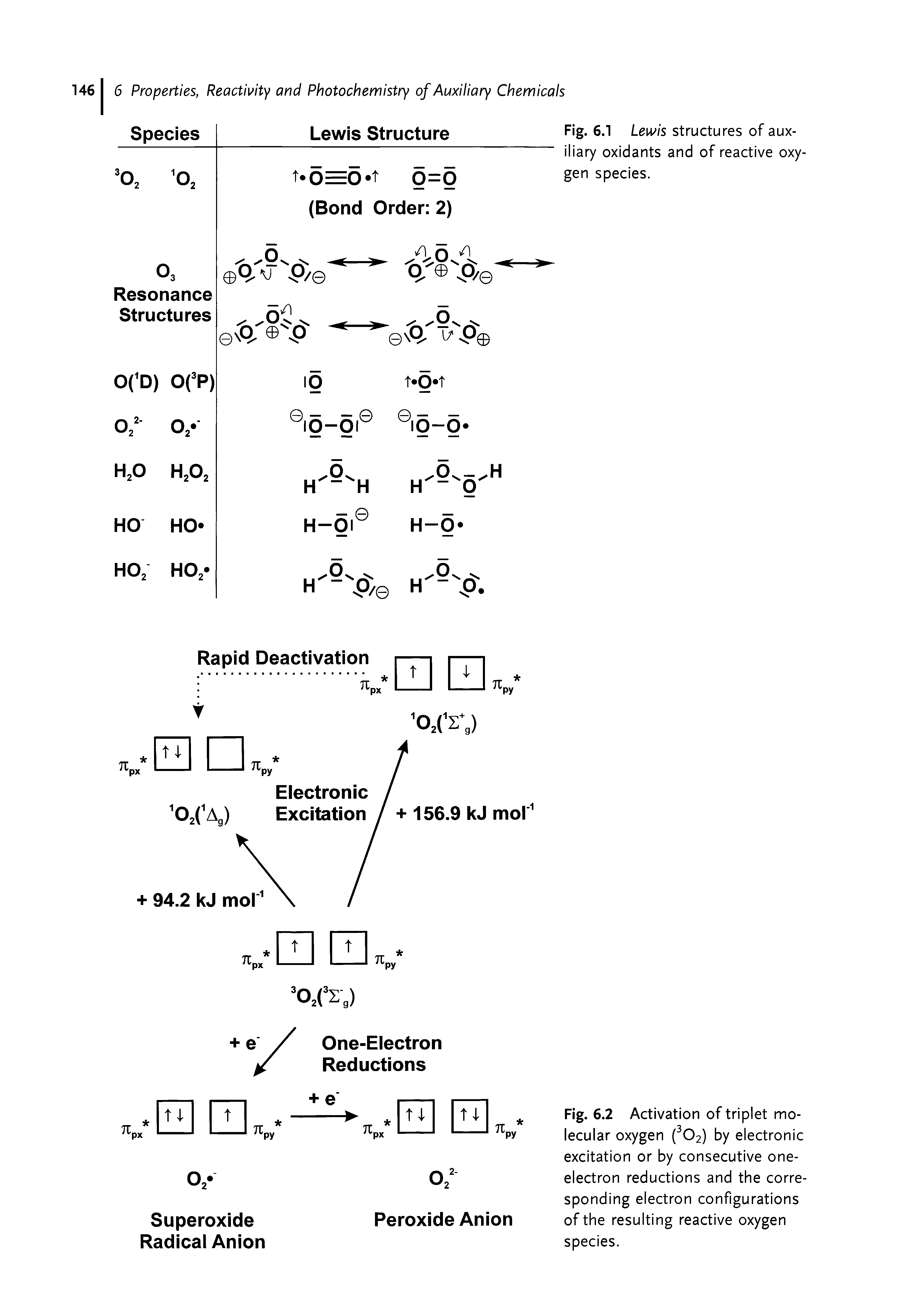 Fig. 6.2 Activation of triplet molecular oxygen ( 02) by electronic excitation or by consecutive one-electron reductions and the corresponding electron configurations of the resulting reactive oxygen species.