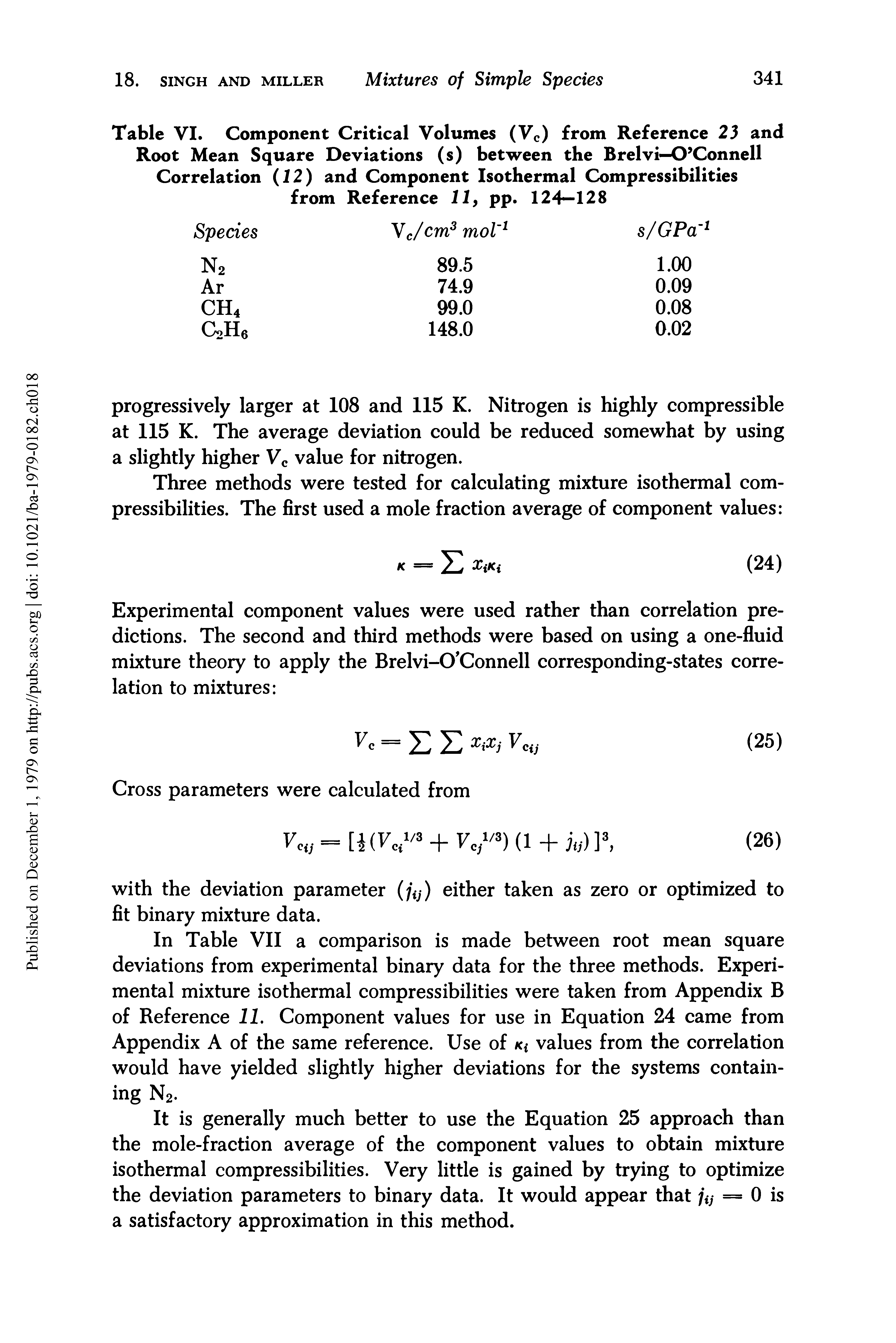 Table VI. Component Critical Volumes (Vc) from Reference 23 and Root Mean Square Deviations (s) between the Brelvi—O Connell Correlation (12) and Component Isothermal Compressibilities from Reference 11, pp. 124—128...