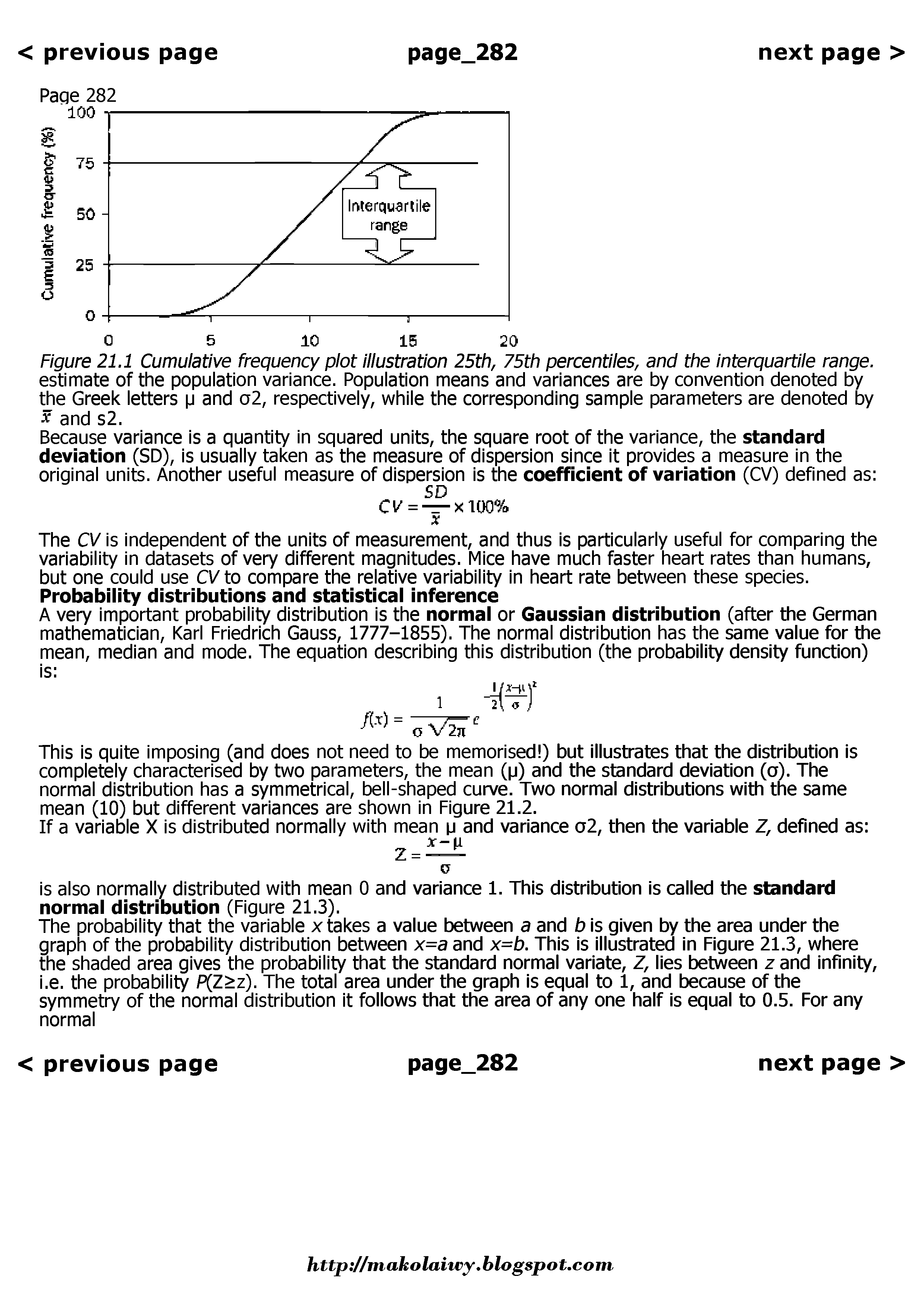 Figure 21.1 Cumulative frequency plot illustration 25th, 75th percentiles, and the interquartile range. estimate of the population variance. Population means and variances are by convention denoted by the Greek letters p and o2, respectively, while the corresponding sample parameters are denoted by X and s2.