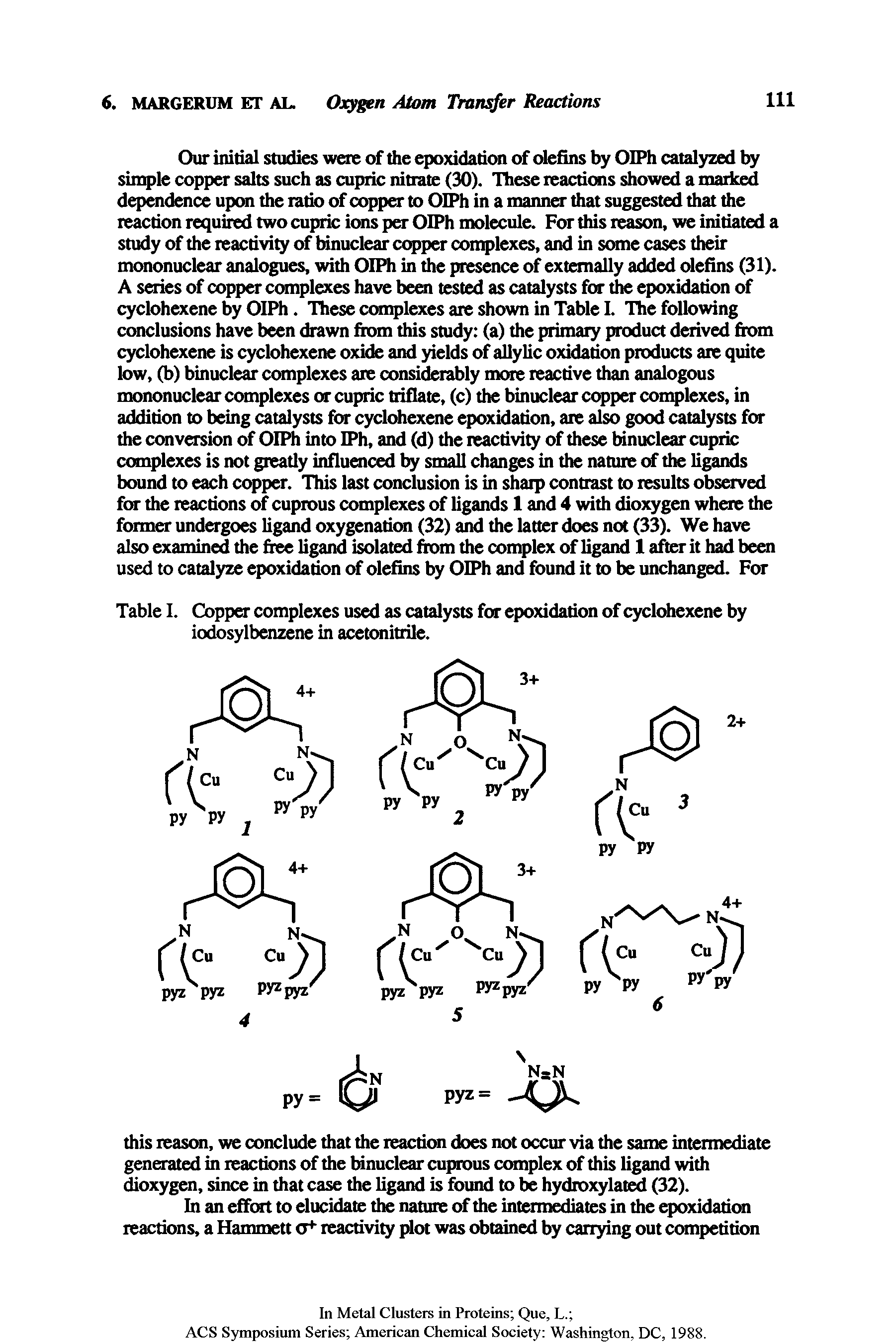 Table 1. Copper complexes used as catalysts for epoxidation of cyclohexene by iodosylbenzene in acetonitrile.