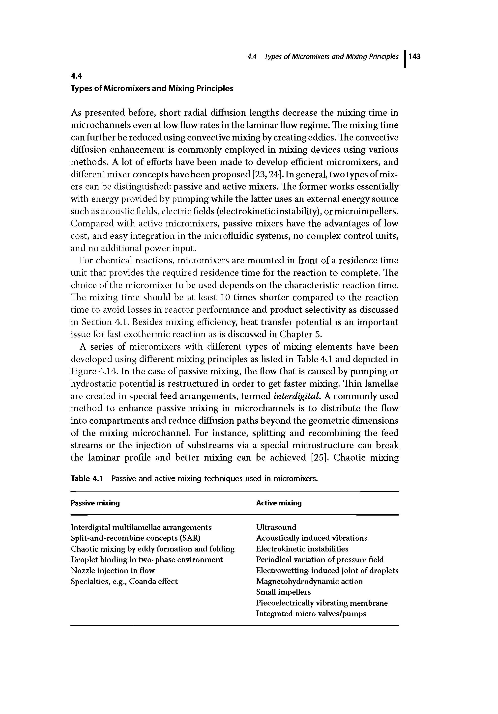 Table 4.1 Passive and active mixing techniques used in micromixers.