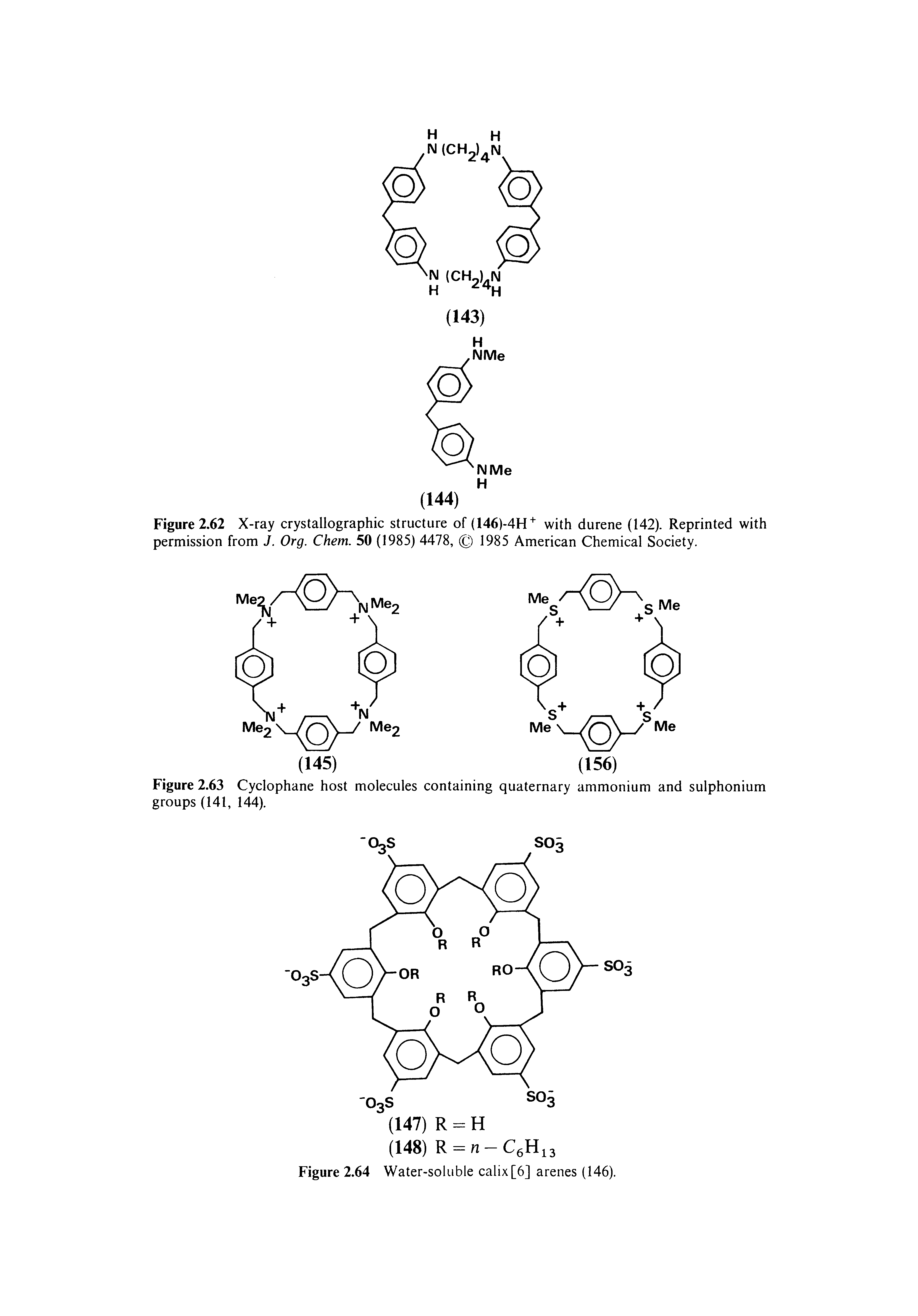 Figure 2.63 Cyclophane host molecules containing quaternary ammonium and sulphonium groups (141, 144).