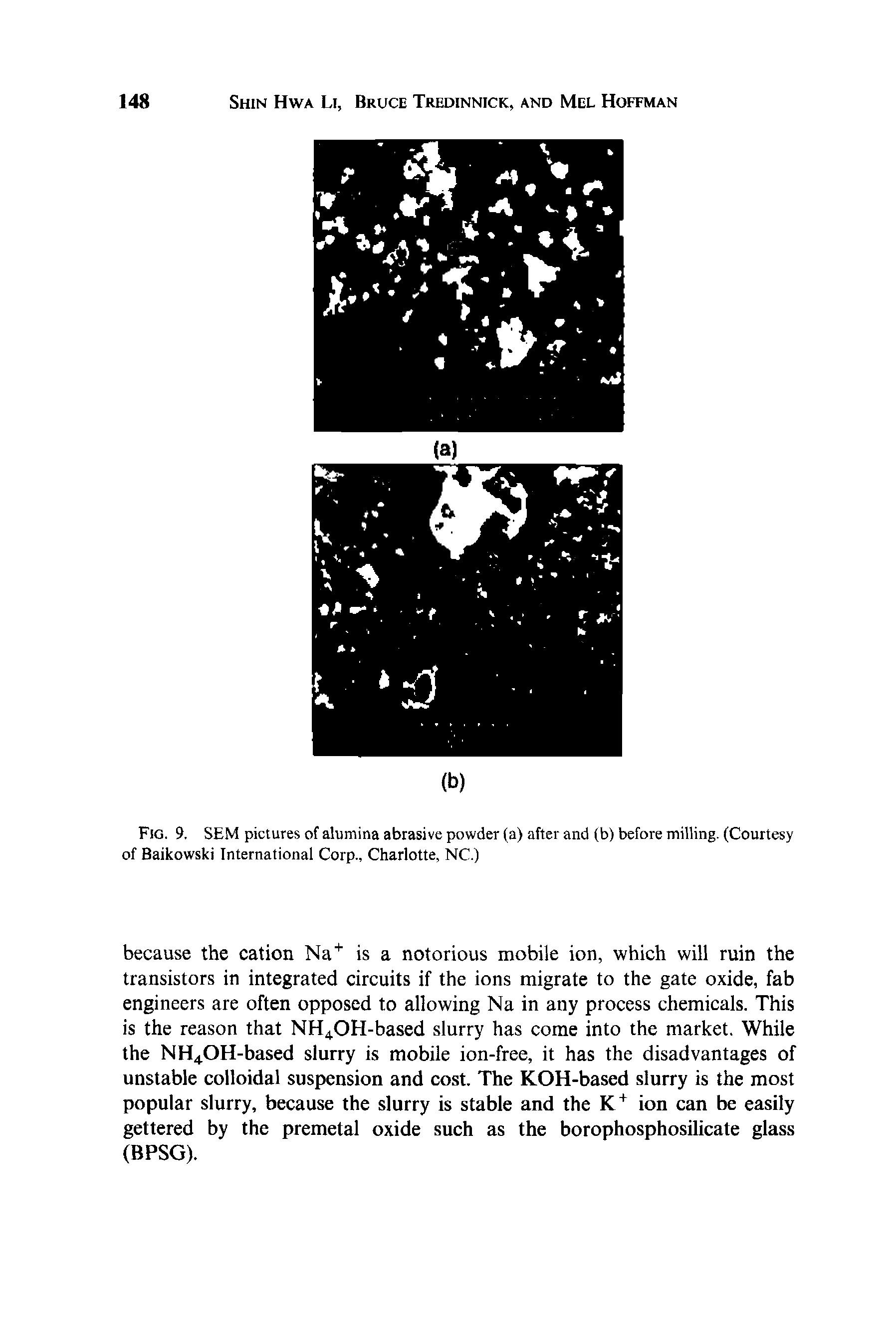 Fig. 9. SEM pictures of alumina abrasive powder (a) after and (b) before milling. (Courtesy of Baikowski International Corp., Charlotte, NC.)...