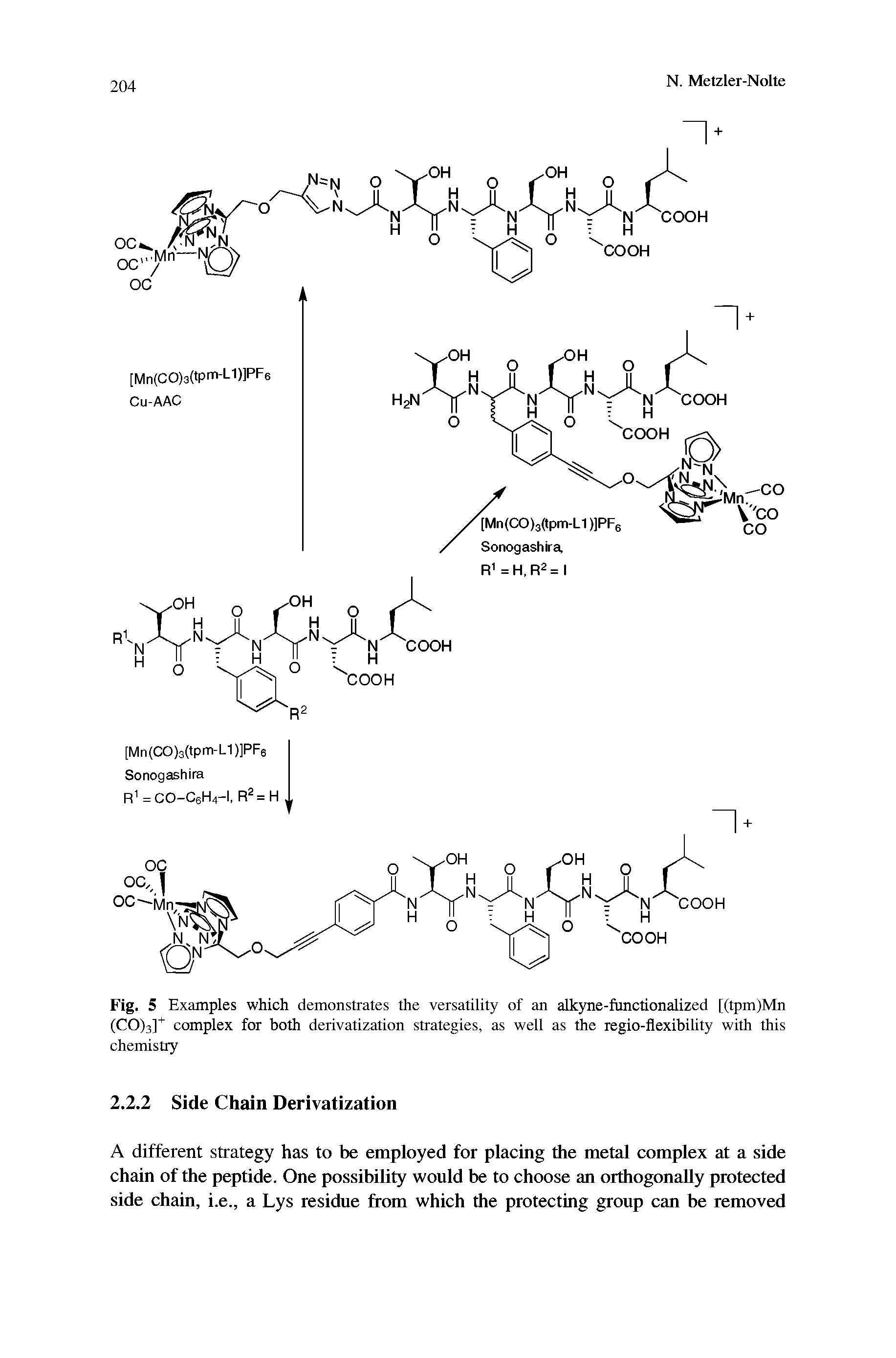 Fig. 5 Examples which demonstrates the versatility of an alkyne-functionalized [(tpm)Mn (CO)3]+ complex for both derivatization strategies, as well as the regio-flexibility with this chemistry...