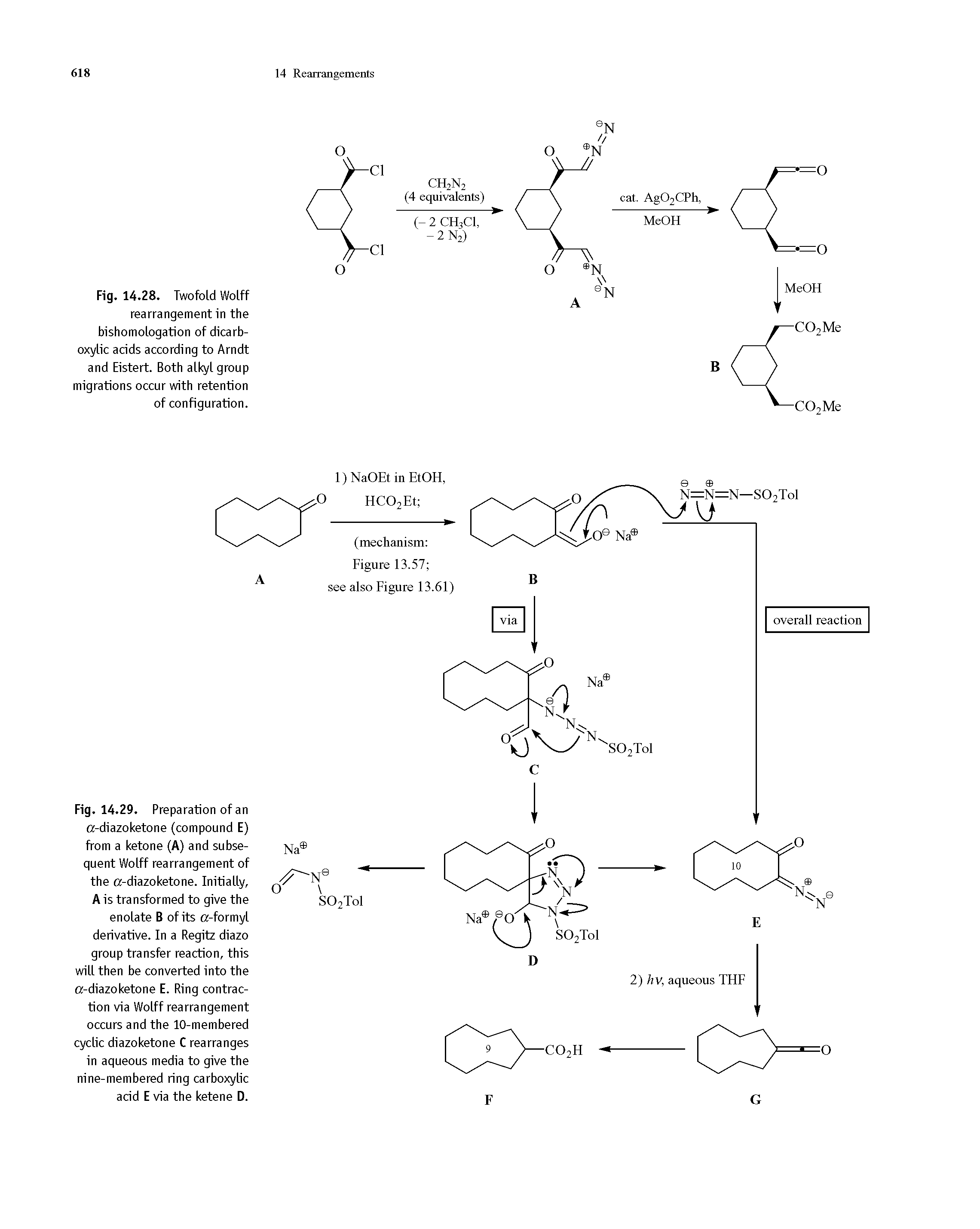 Fig. 14.29. Preparation of an a-diazoketone (compound E) from a ketone (A) and subsequent Wolff rearrangement of the a-diazoketone. Initially, A is transformed to give the enolate B of its a-formyl derivative. In a Regitz diazo group transfer reaction, this will then be converted into the a-diazoketone E. Ring contraction via Wolff rearrangement occurs and the 10-membered cyclic diazoketone C rearranges in aqueous media to give the nine-membered ring carboxylic acid E via the ketene D.