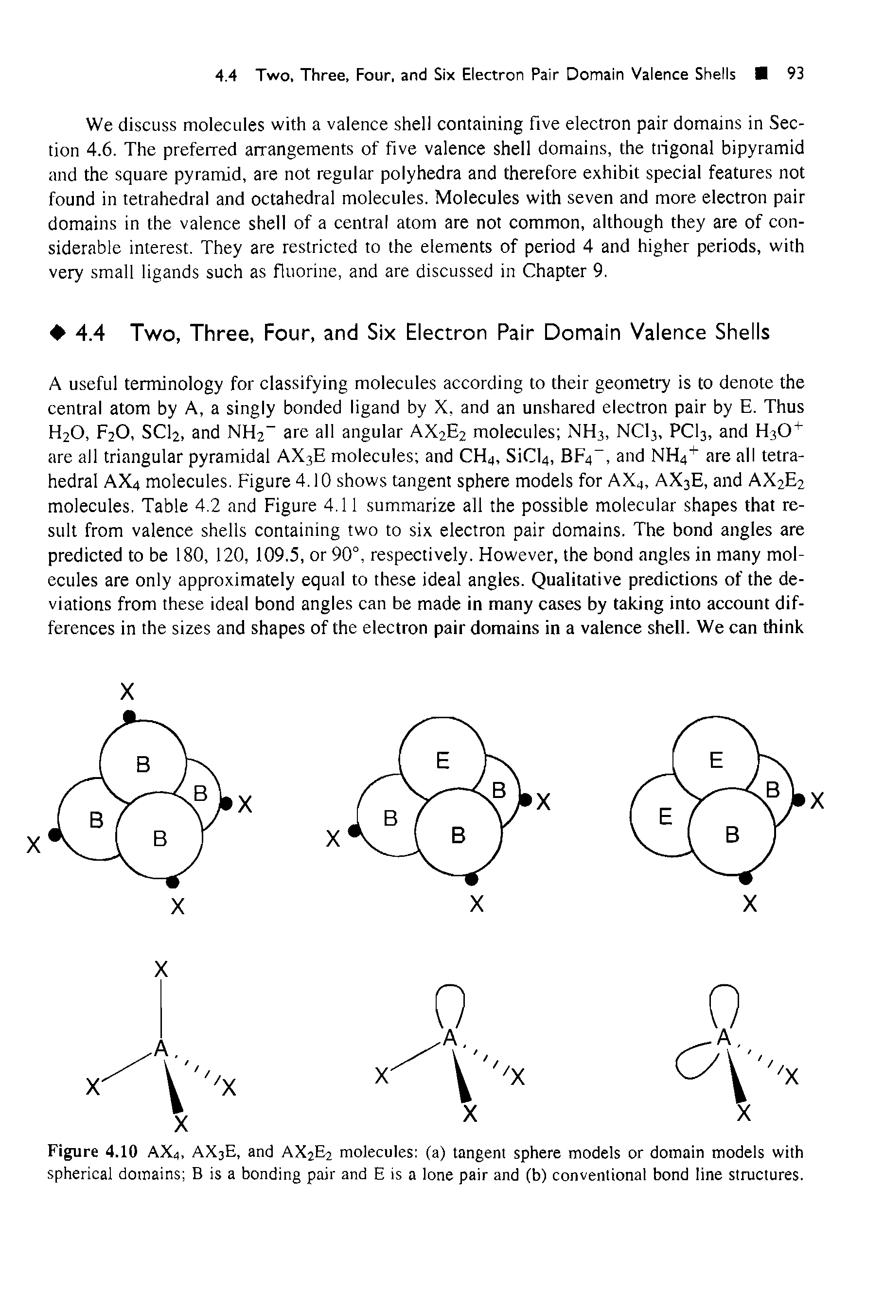 Figure 4.10 AX4, AX3E, and AX2E2 molecules (a) tangent sphere models or domain models with spherical domains B is a bonding pair and E is a lone pair and (b) conventional bond line structures.