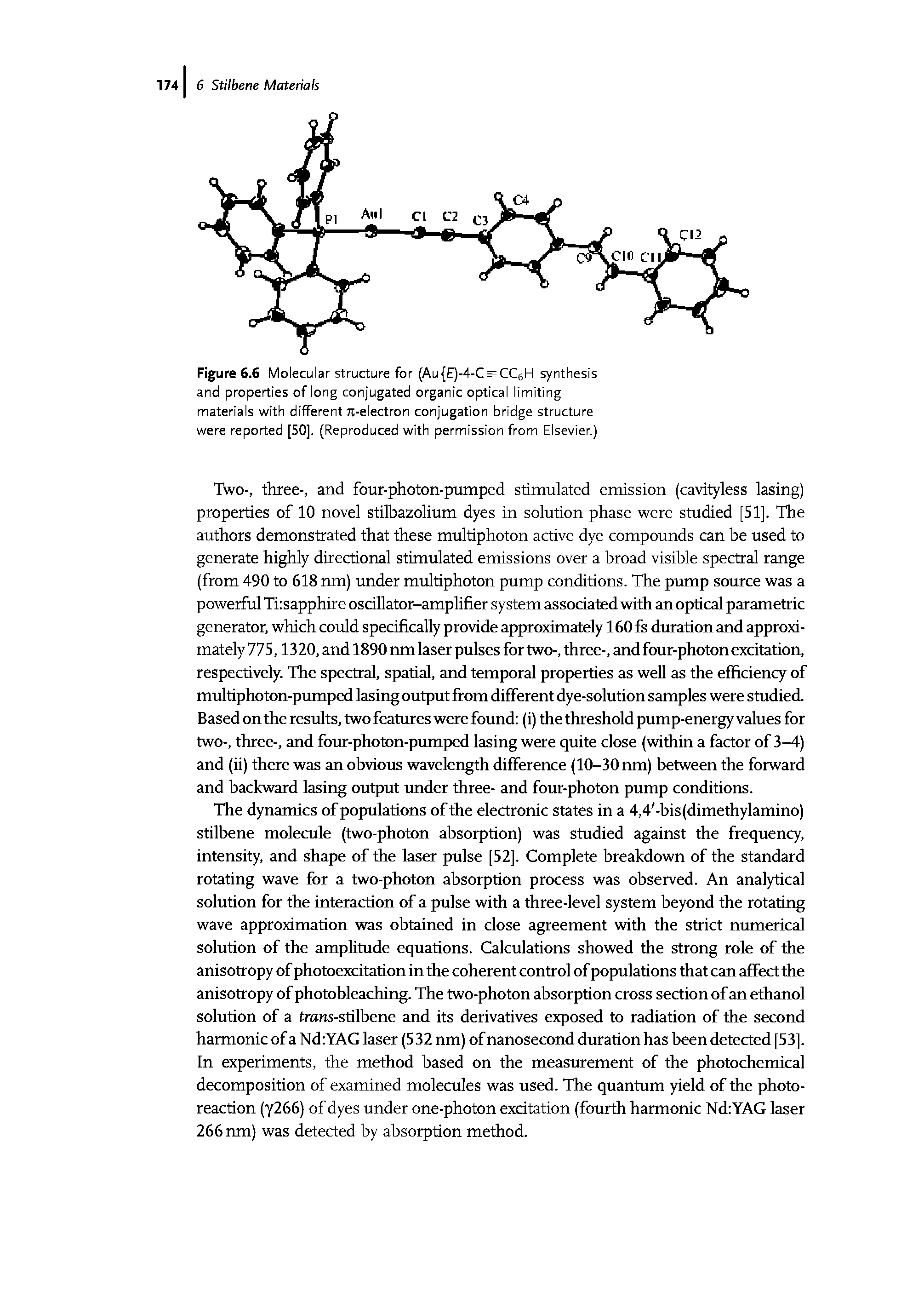 Figure 6.6 Molecular structure for (Au )-4-C = CC6H synthesis and properties of long conjugated organic optical limiting materials with different n -electron conjugation bridge structure were reported [50]. (Reproduced with permission from Elsevier.)...