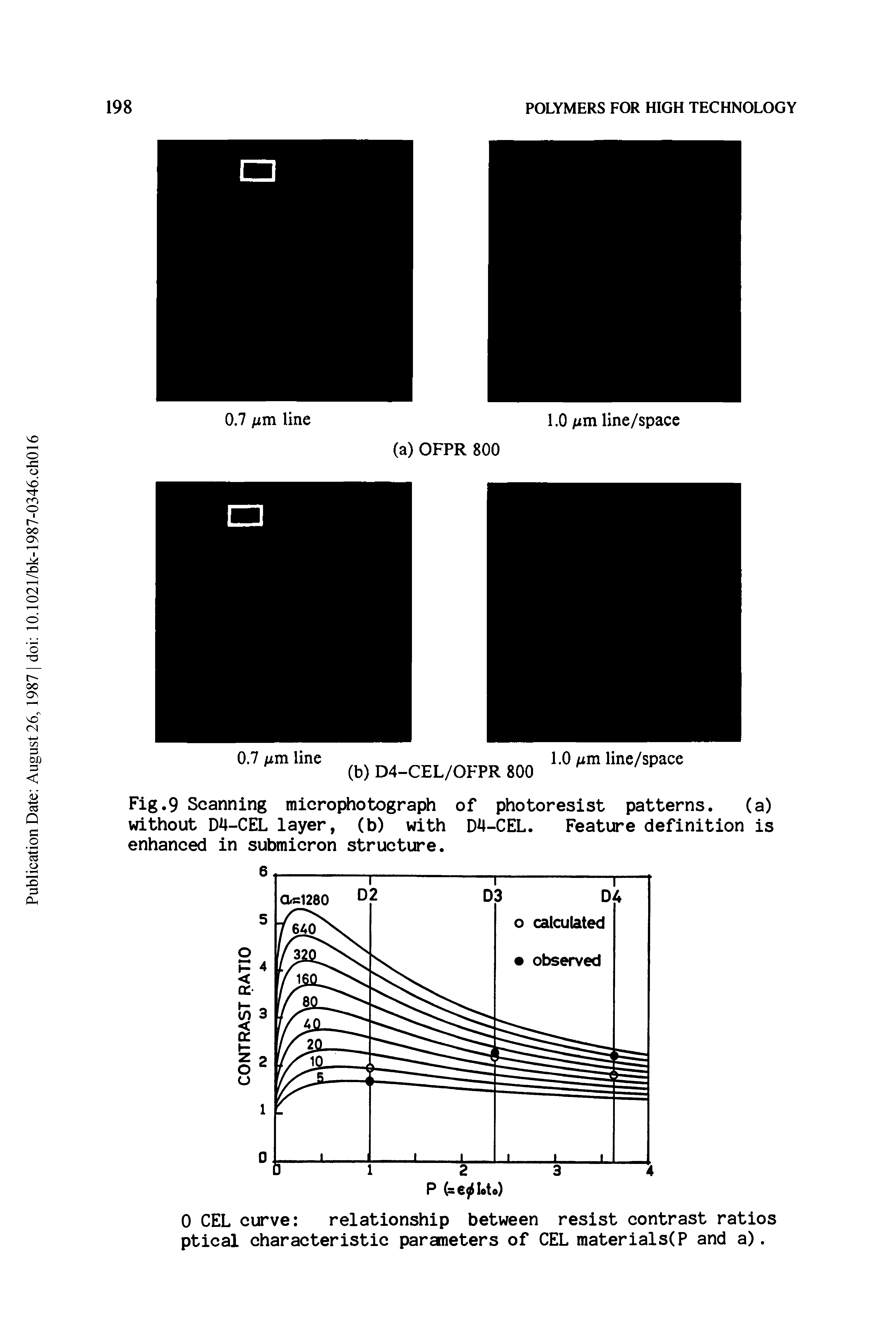 Fig.9 Scanning microphotxjgraph of photoresist patterns. (a) without D4-CEL layer, (b) with D4-CEL. Feature definition is enhanced in submicron structure.