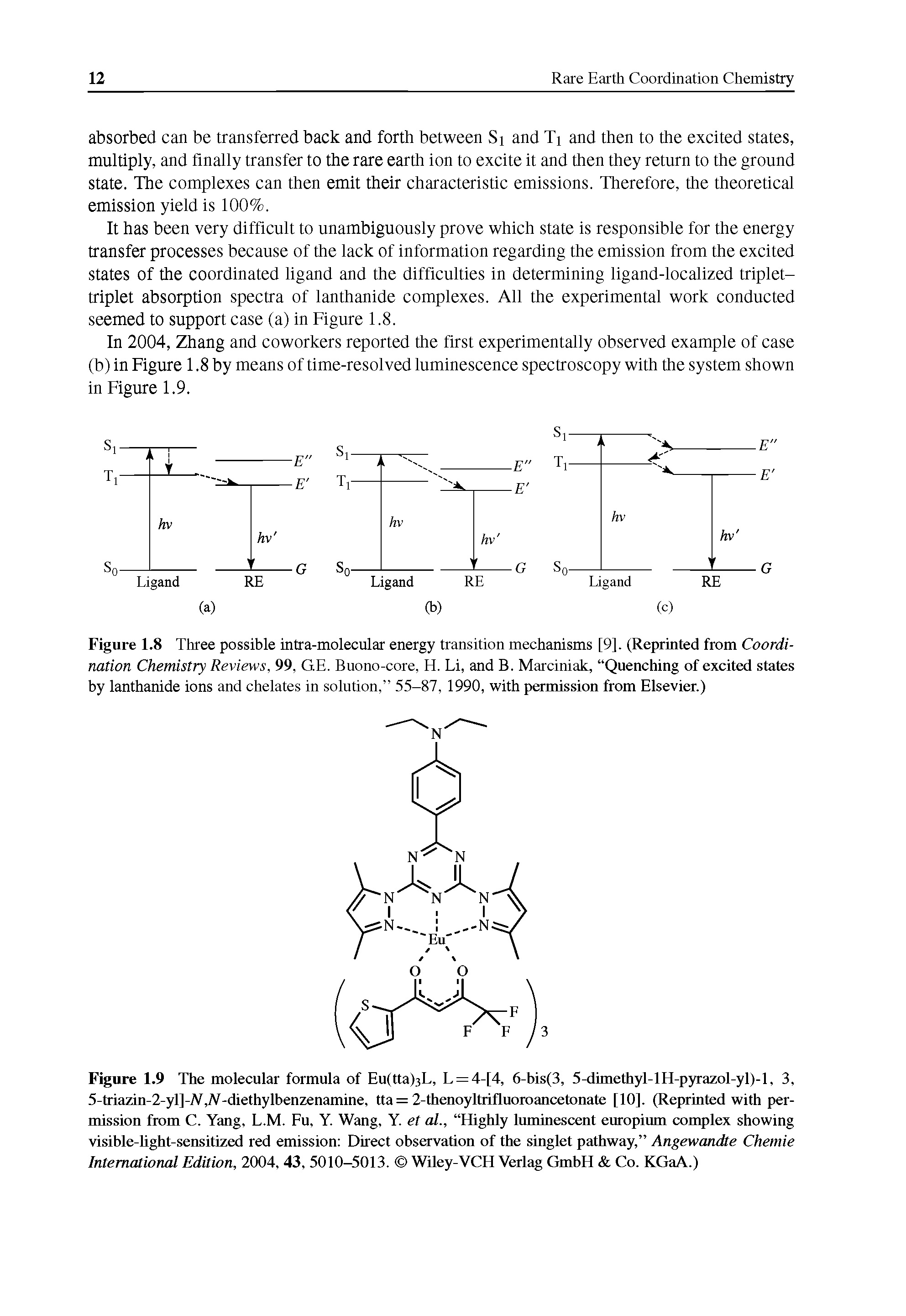 Figure 1.8 Three possible intra-molecular energy transition mechanisms [9]. (Reprinted from Coordination Chemistry Reviews, 99, G.E. Buono-core, H. Li, and B. Marciniak, Quenching of excited states by lanthanide ions and chelates in solution, 55-87, 1990, with permission from Elsevier.)...