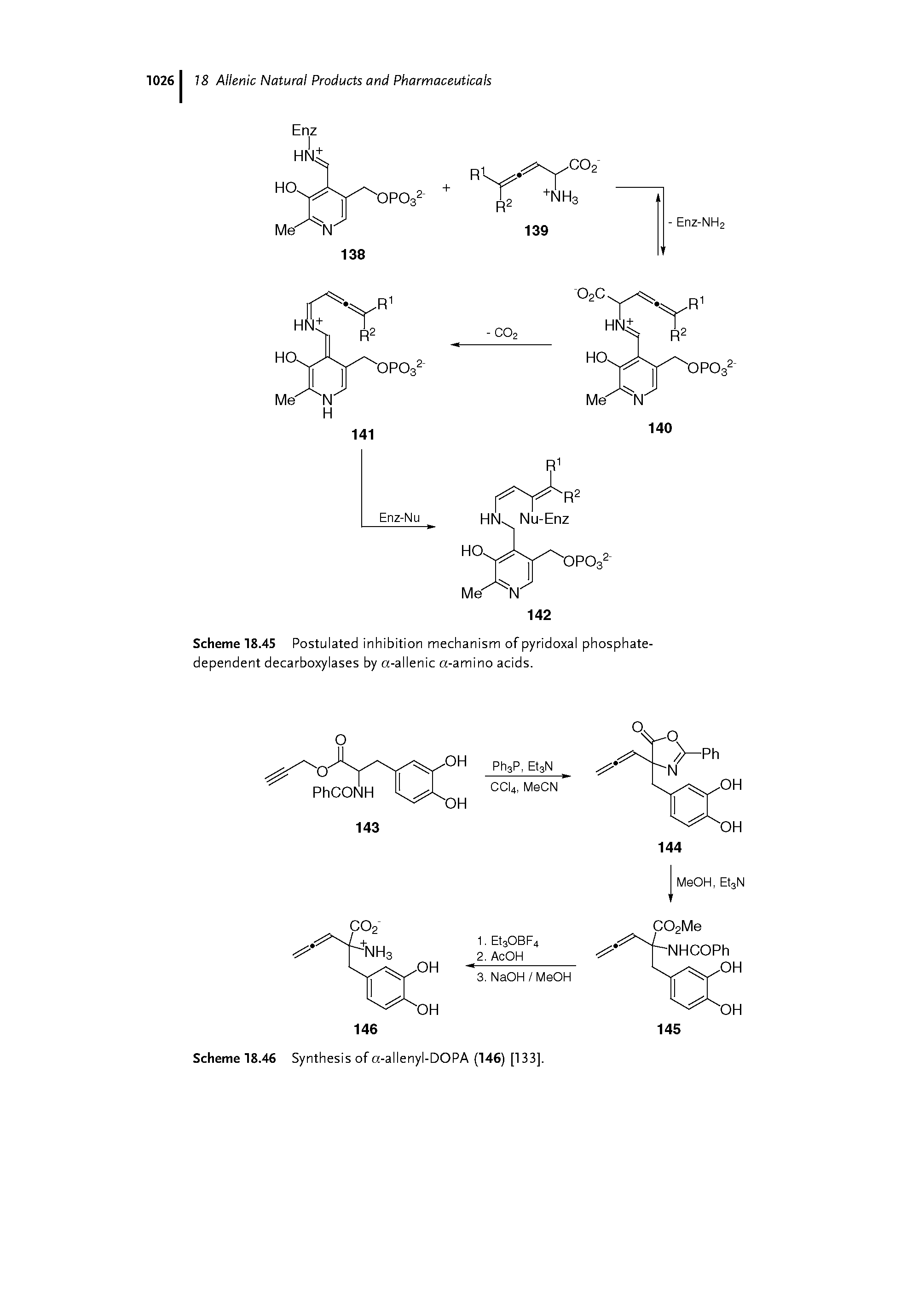 Scheme 18.45 Postulated inhibition mechanism of pyridoxal phosphate-dependent decarboxylases by a-allenic a-amino acids.