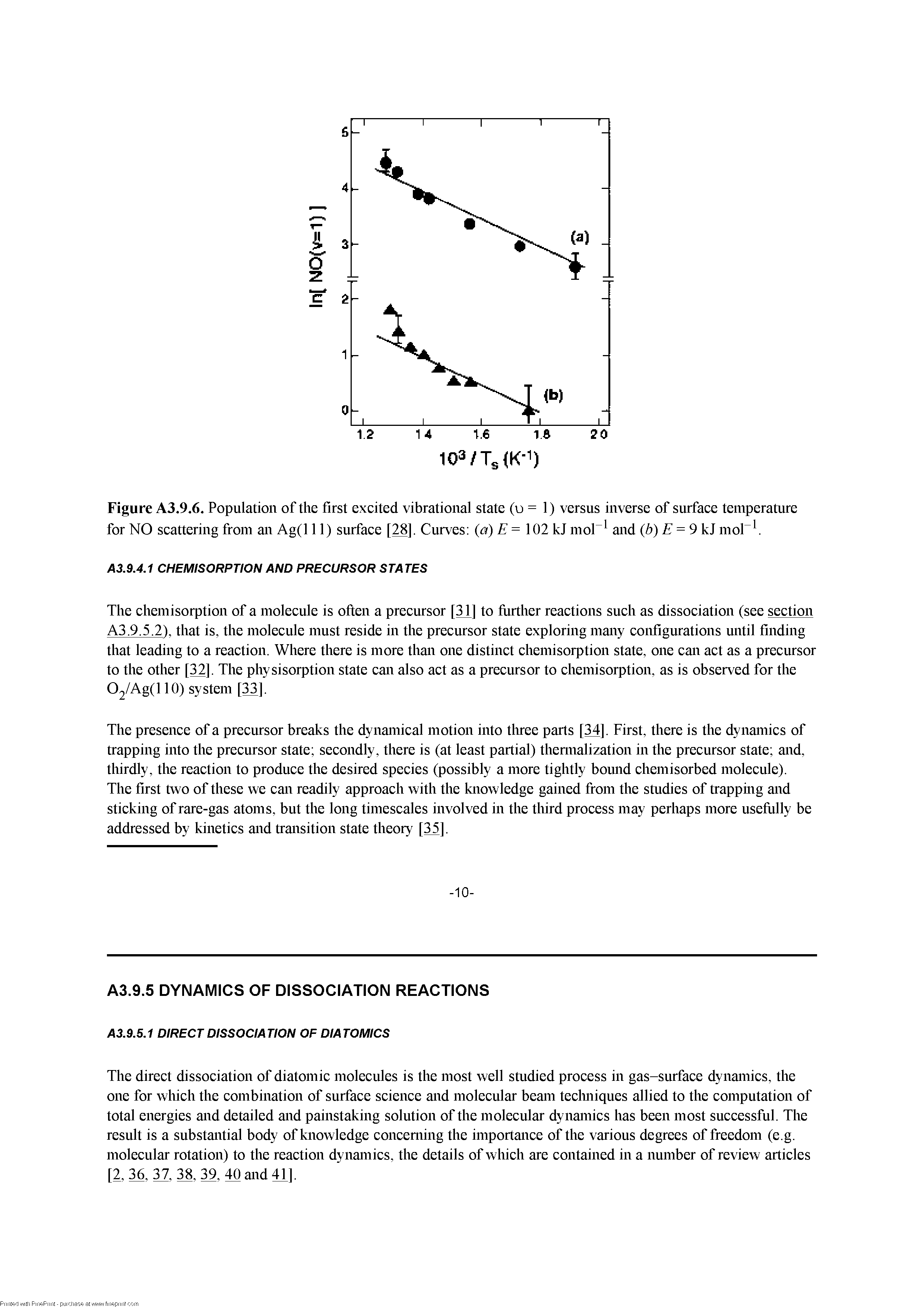 Figure A3.9.6. Population of the first excited vibrational state (u = 1) versus inverse of surface temperature for NO scattering from an Ag(l 11) surface [28], Curves (a) = 102 kJ moC and (b) E = 9 kJ mor ...